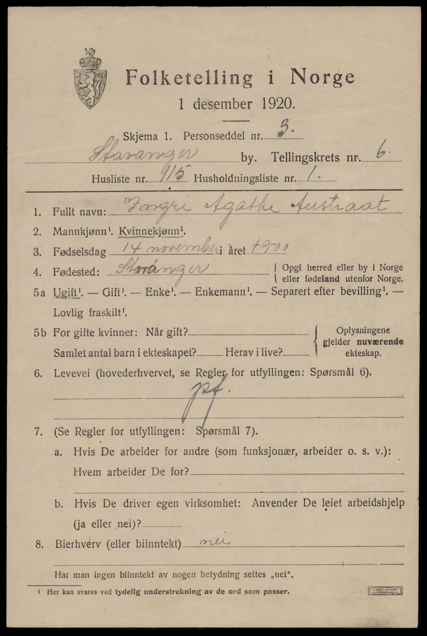 SAST, 1920 census for Stavanger, 1920, p. 44786