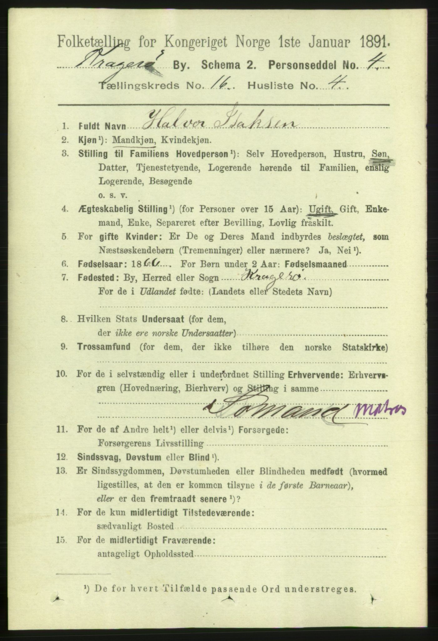 RA, 1891 census for 0801 Kragerø, 1891, p. 4321