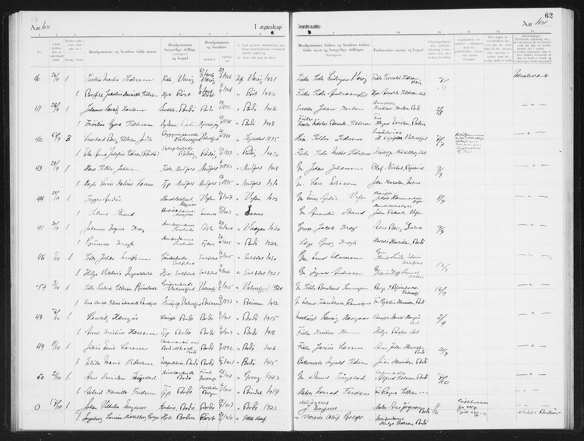 Ministerialprotokoller, klokkerbøker og fødselsregistre - Nordland, AV/SAT-A-1459/801/L0036: Parish register (copy) no. 801C11, 1920-1934, p. 62