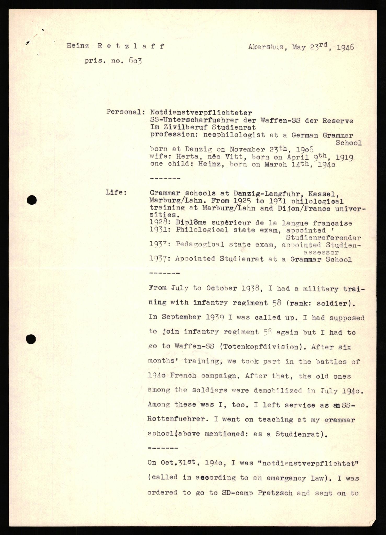 Forsvaret, Forsvarets overkommando II, AV/RA-RAFA-3915/D/Db/L0027: CI Questionaires. Tyske okkupasjonsstyrker i Norge. Tyskere., 1945-1946, p. 265