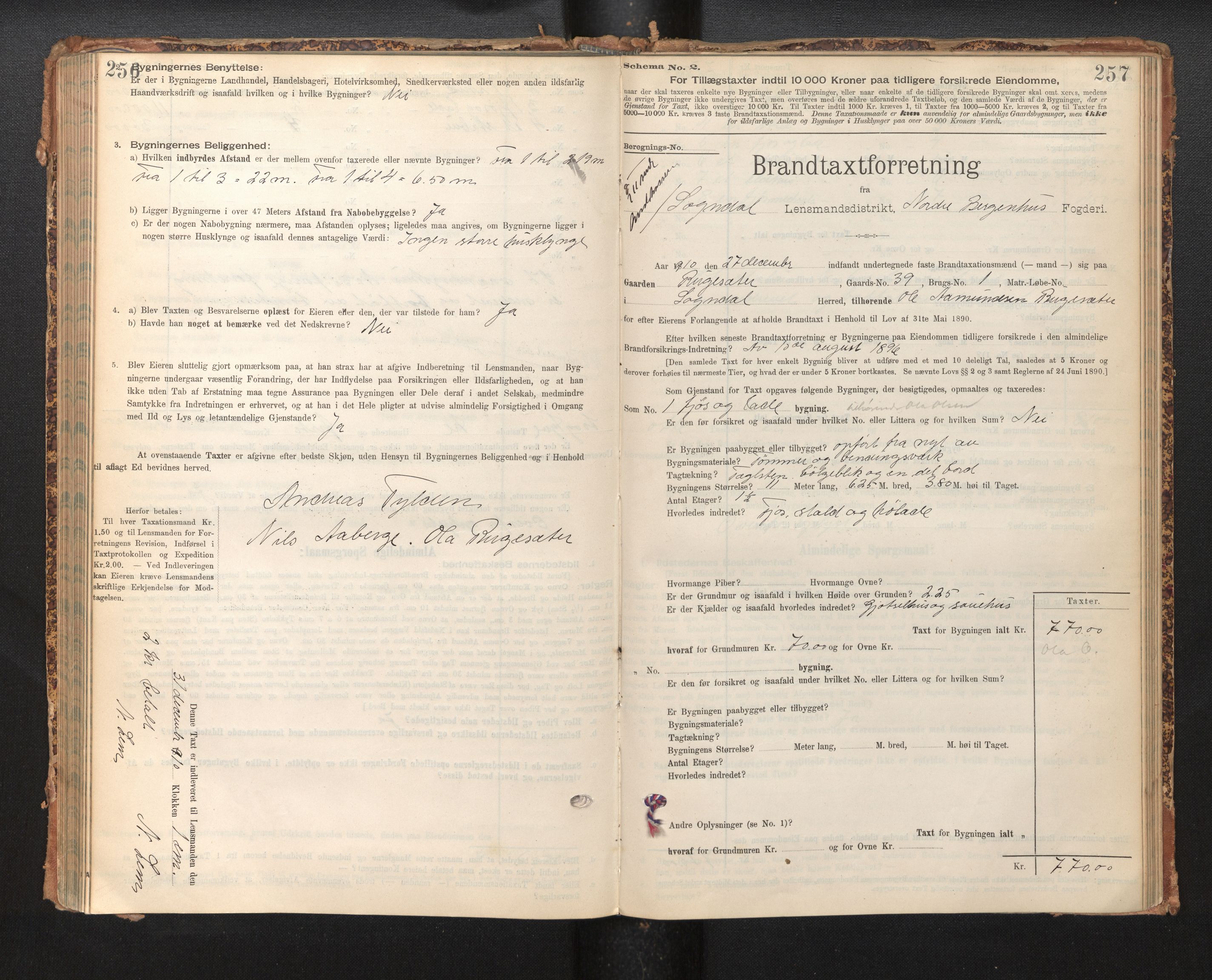 Lensmannen i Sogndal, AV/SAB-A-29901/0012/L0009: Branntakstprotokoll, skjematakst, 1901-1914, p. 256-257