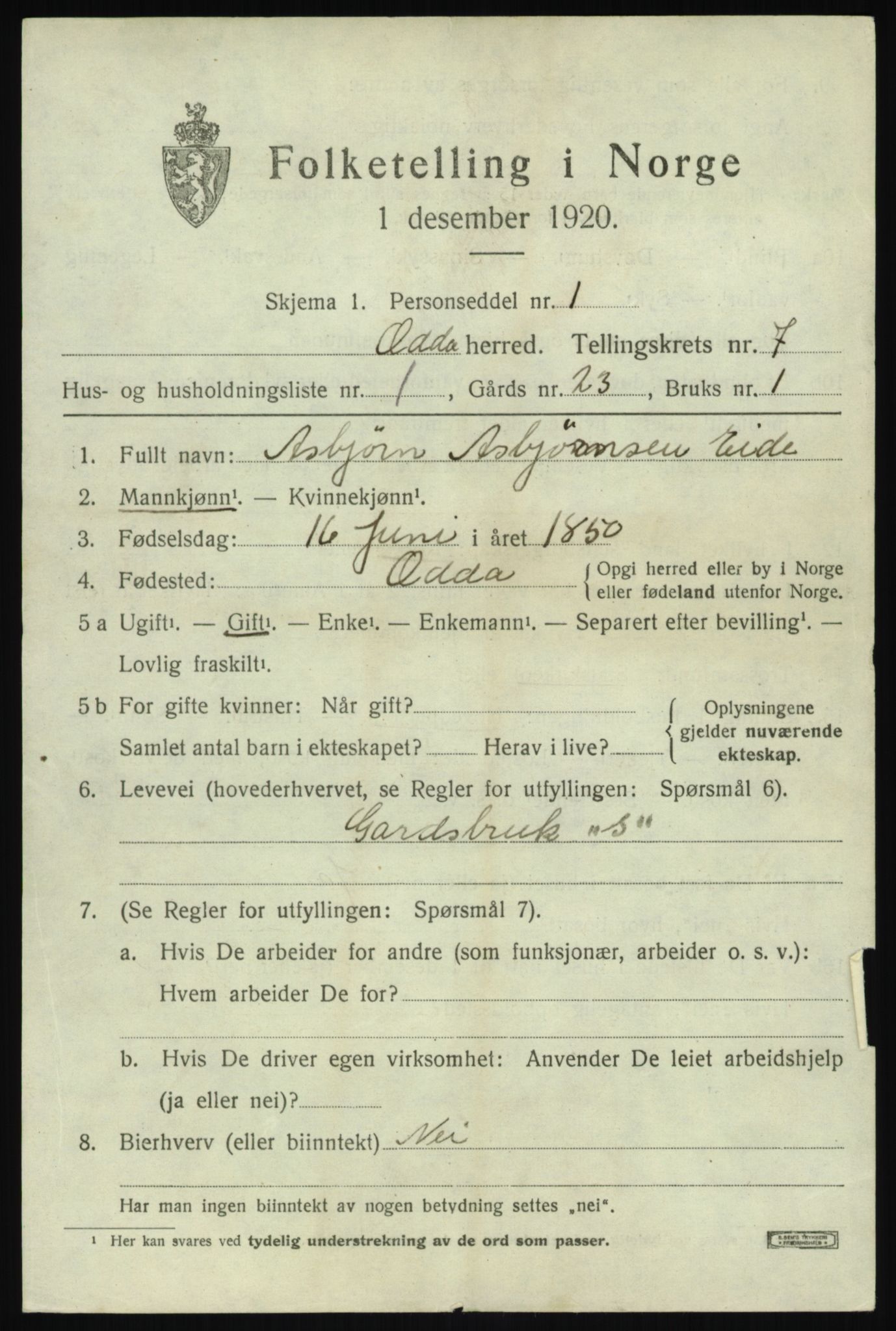 SAB, 1920 census for Odda, 1920, p. 4875