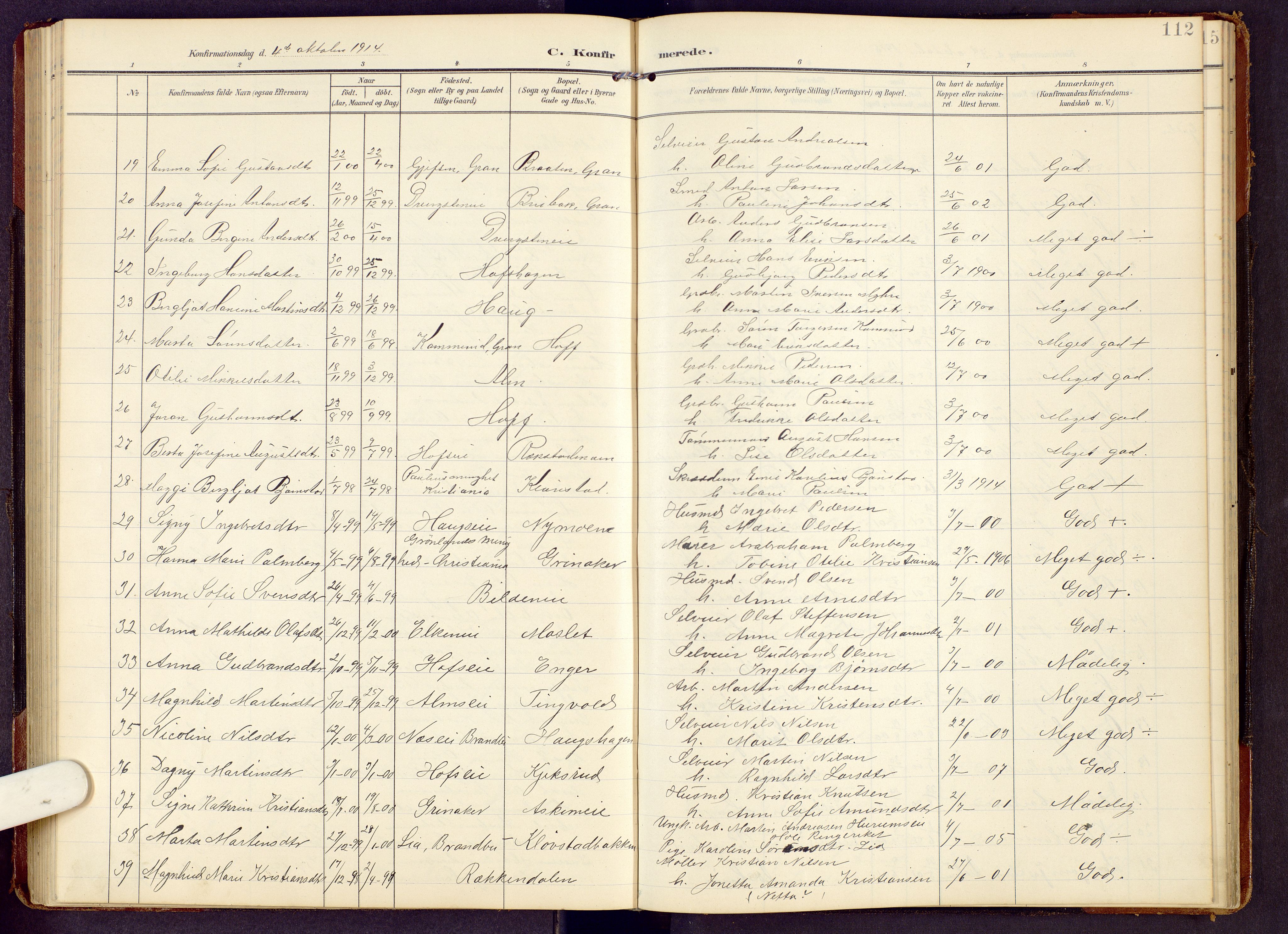 Brandbu prestekontor, SAH/PREST-114/H/Ha/Hab/L0009: Parish register (copy) no. 9, 1903-1916, p. 112