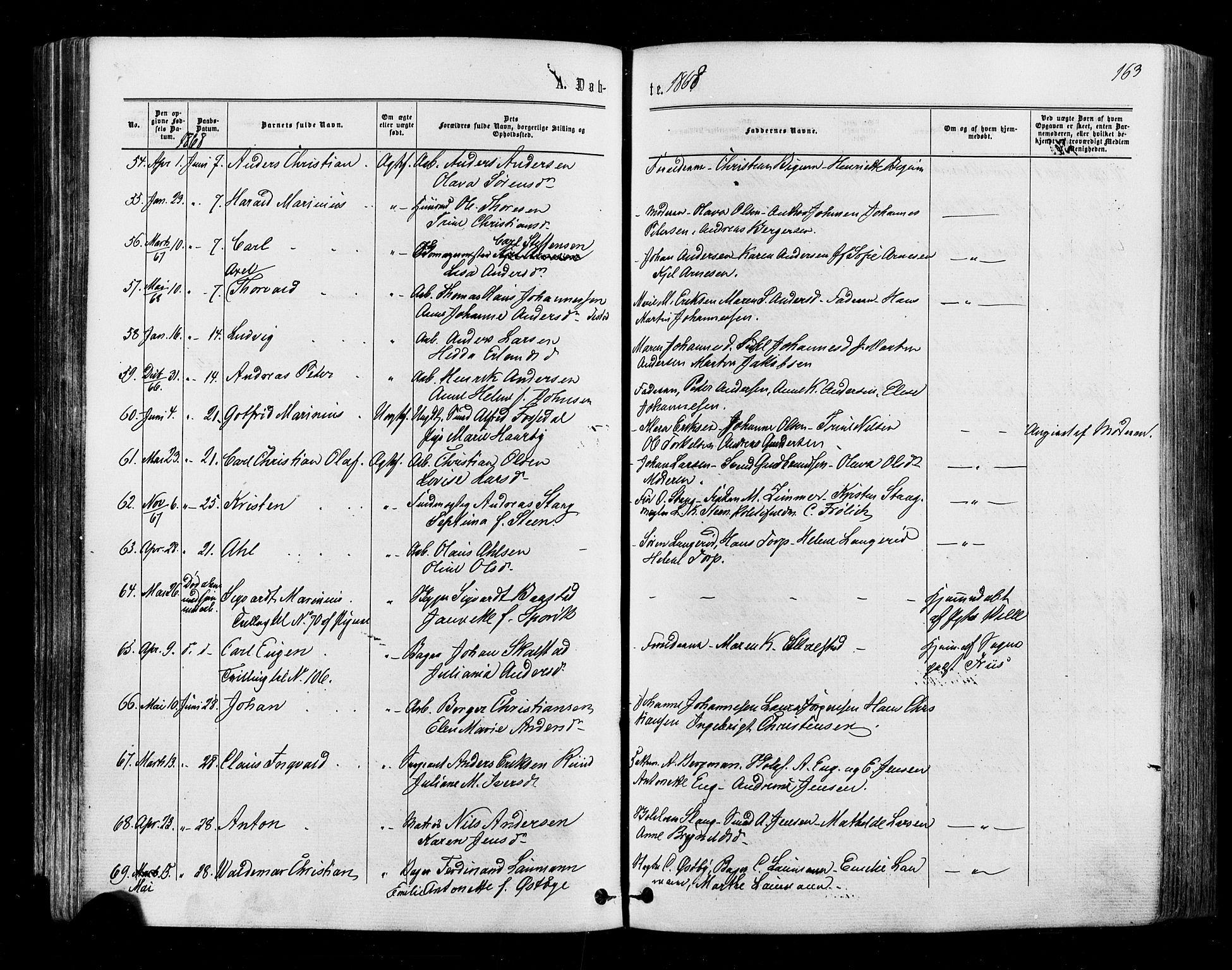 Halden prestekontor Kirkebøker, SAO/A-10909/F/Fa/L0009: Parish register (official) no. I 9, 1866-1877, p. 163