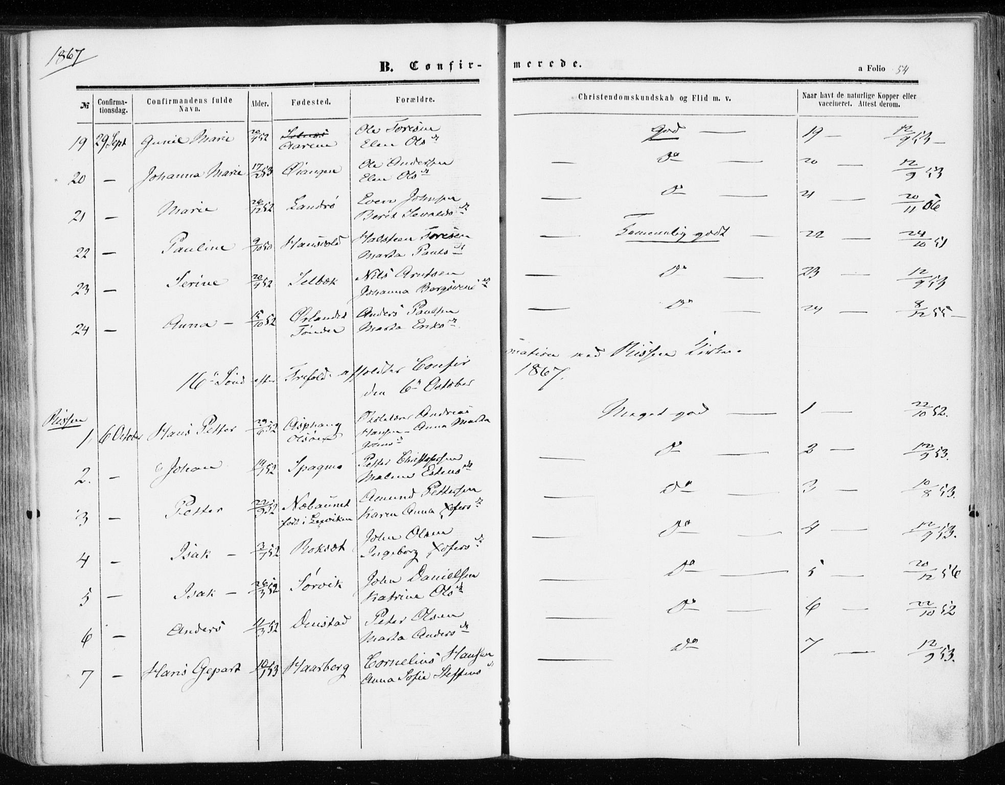 Ministerialprotokoller, klokkerbøker og fødselsregistre - Sør-Trøndelag, AV/SAT-A-1456/646/L0612: Parish register (official) no. 646A10, 1858-1869, p. 54