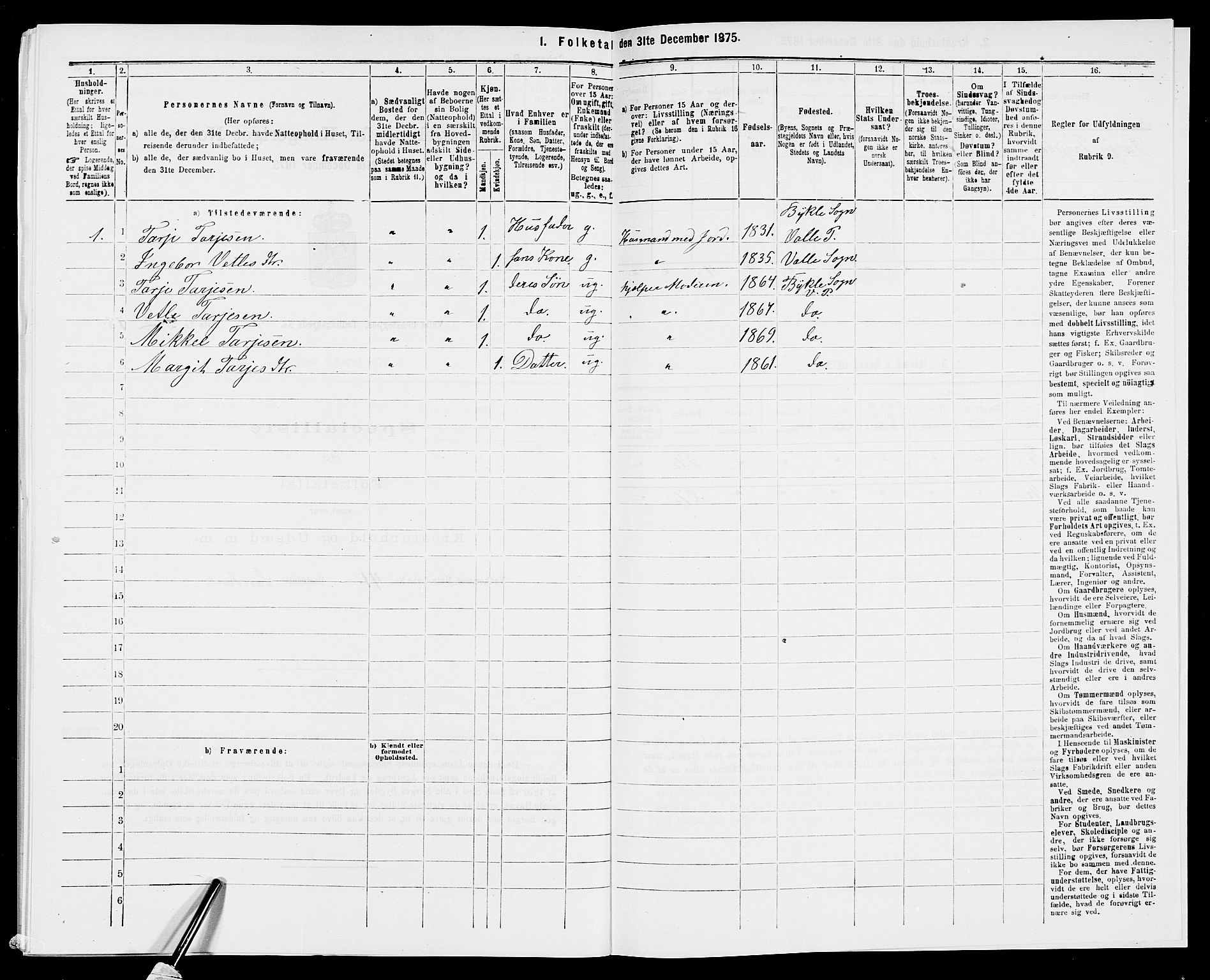 SAK, 1875 census for 0940P Valle, 1875, p. 762