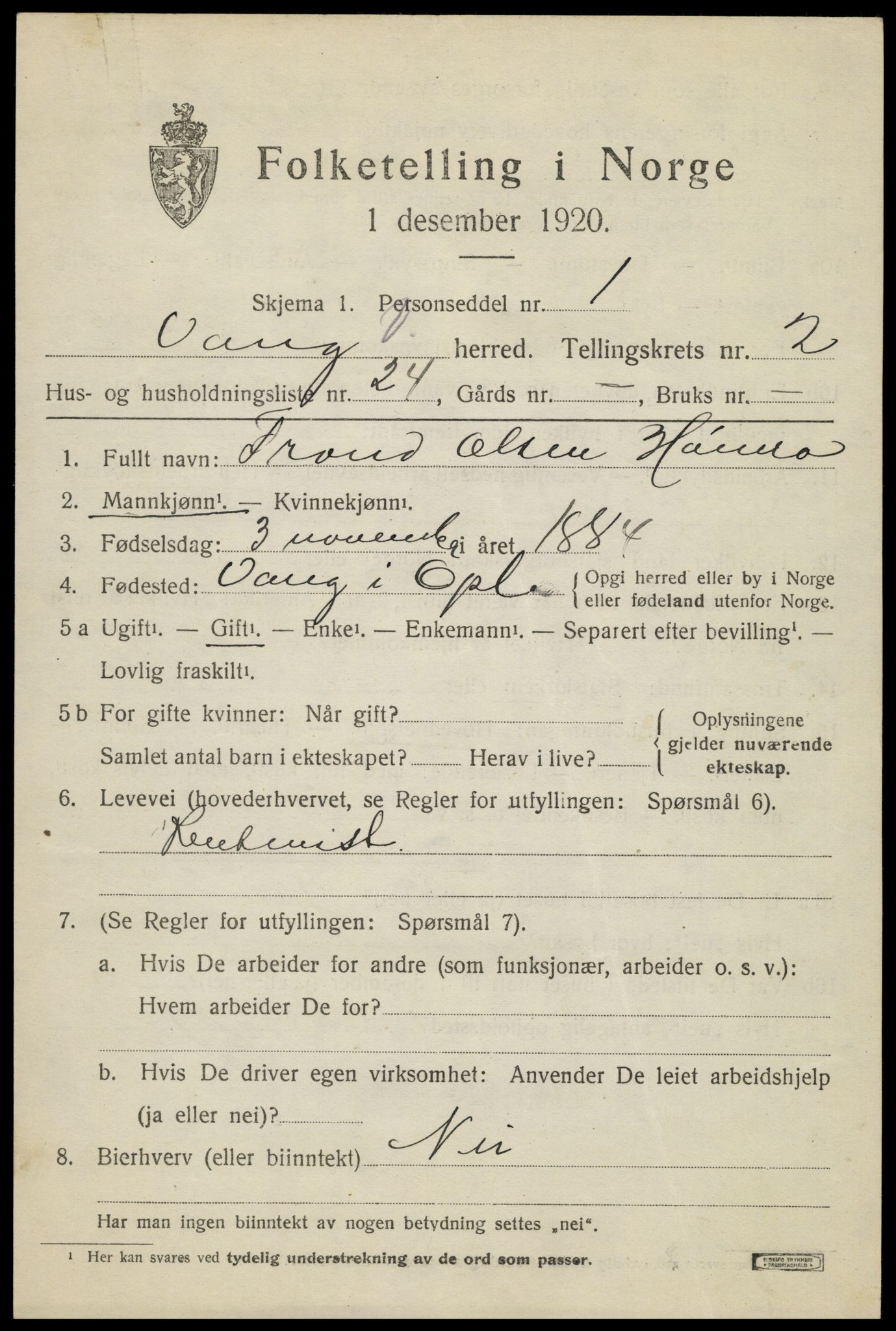 SAH, 1920 census for Vang (Oppland), 1920, p. 1345