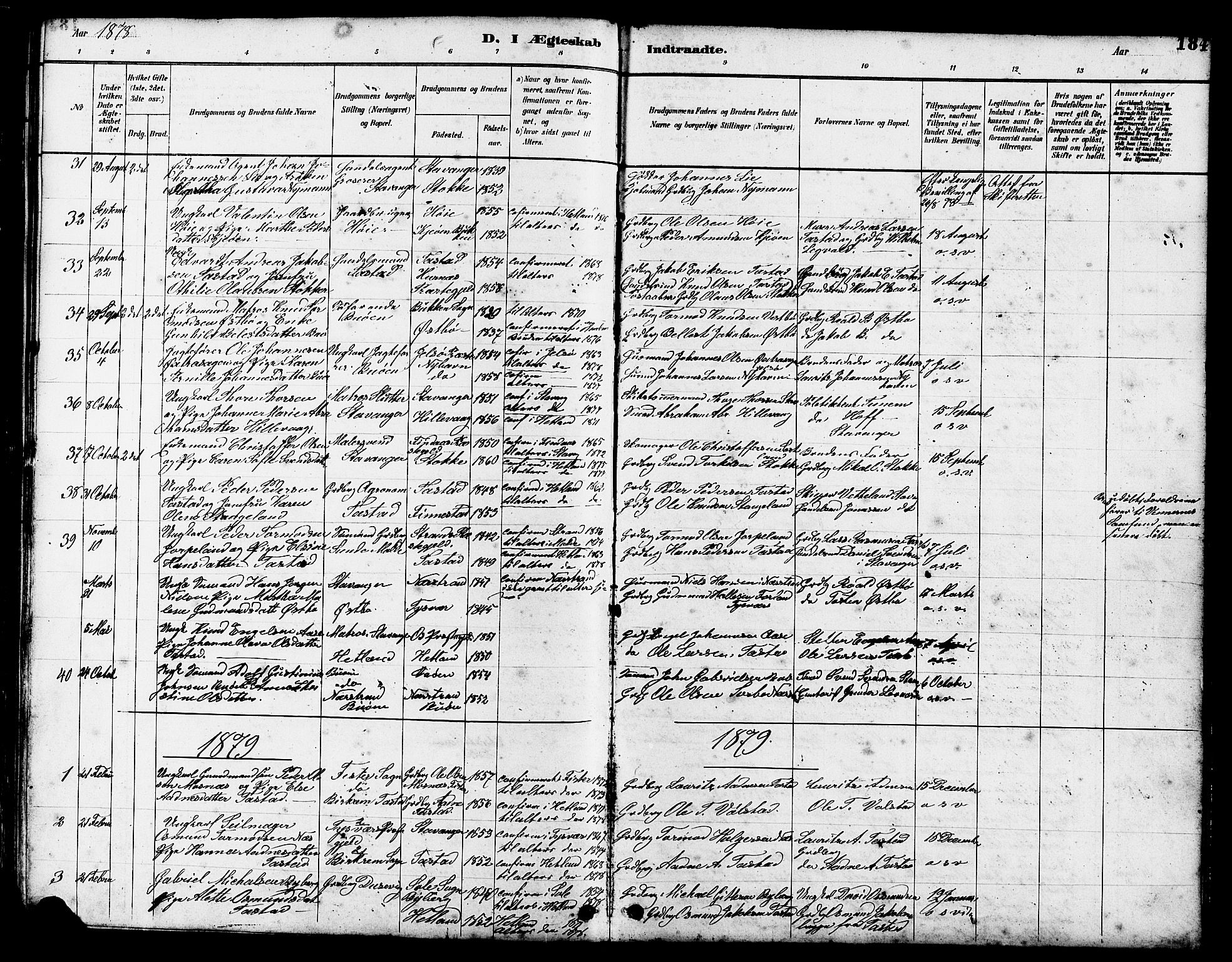 Hetland sokneprestkontor, SAST/A-101826/30/30BB/L0005: Parish register (copy) no. B 5, 1878-1910, p. 184