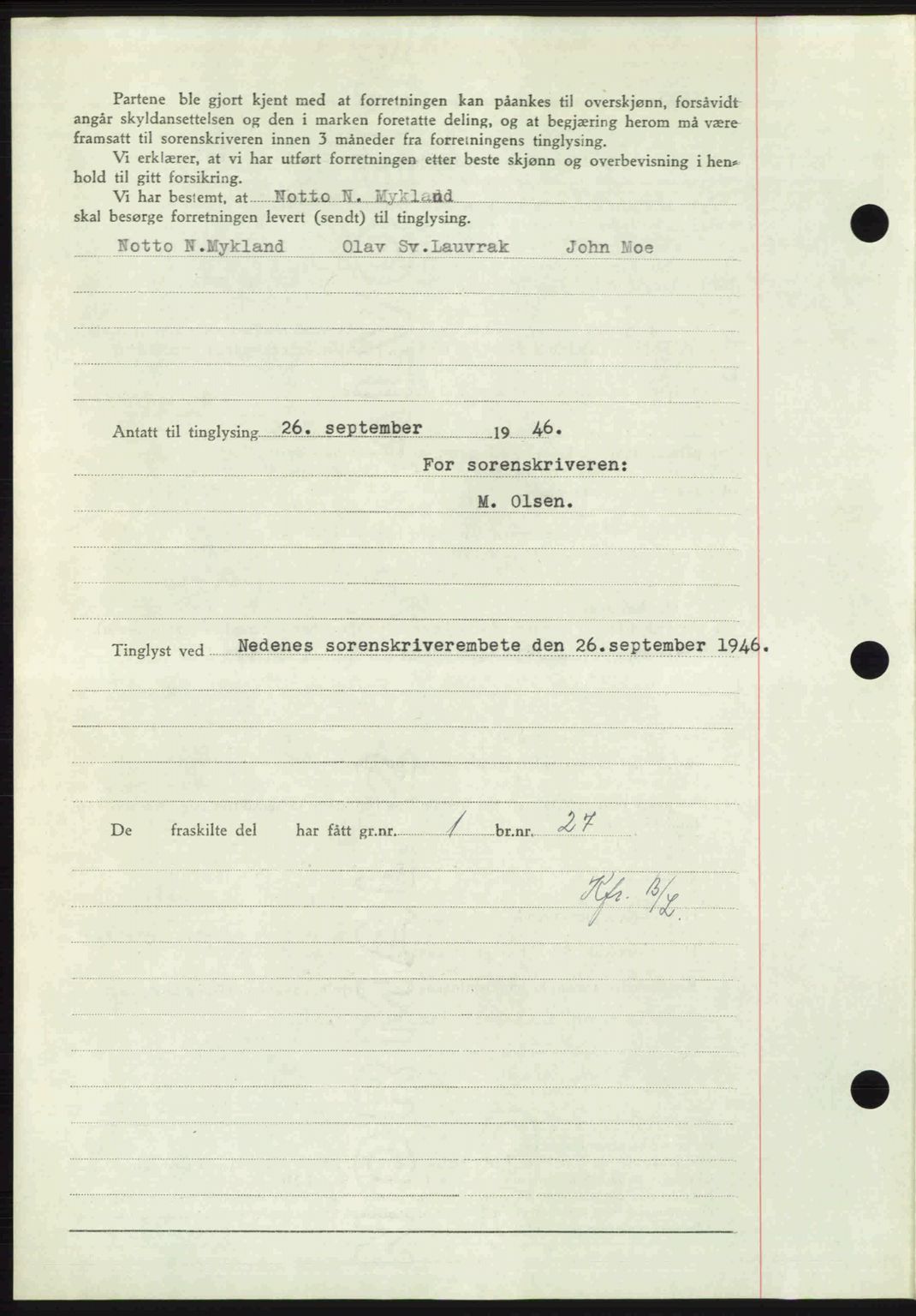 Nedenes sorenskriveri, AV/SAK-1221-0006/G/Gb/Gba/L0056: Mortgage book no. A8, 1946-1947, Diary no: : 1182/1946