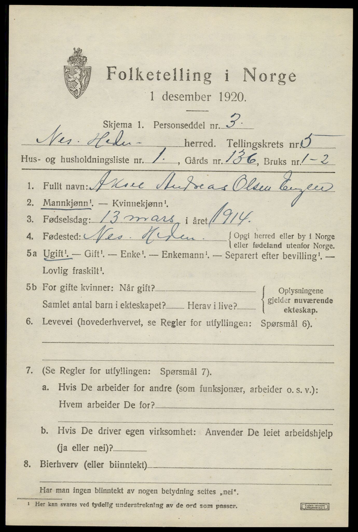 SAH, 1920 census for Nes (Hedmark), 1920, p. 6642