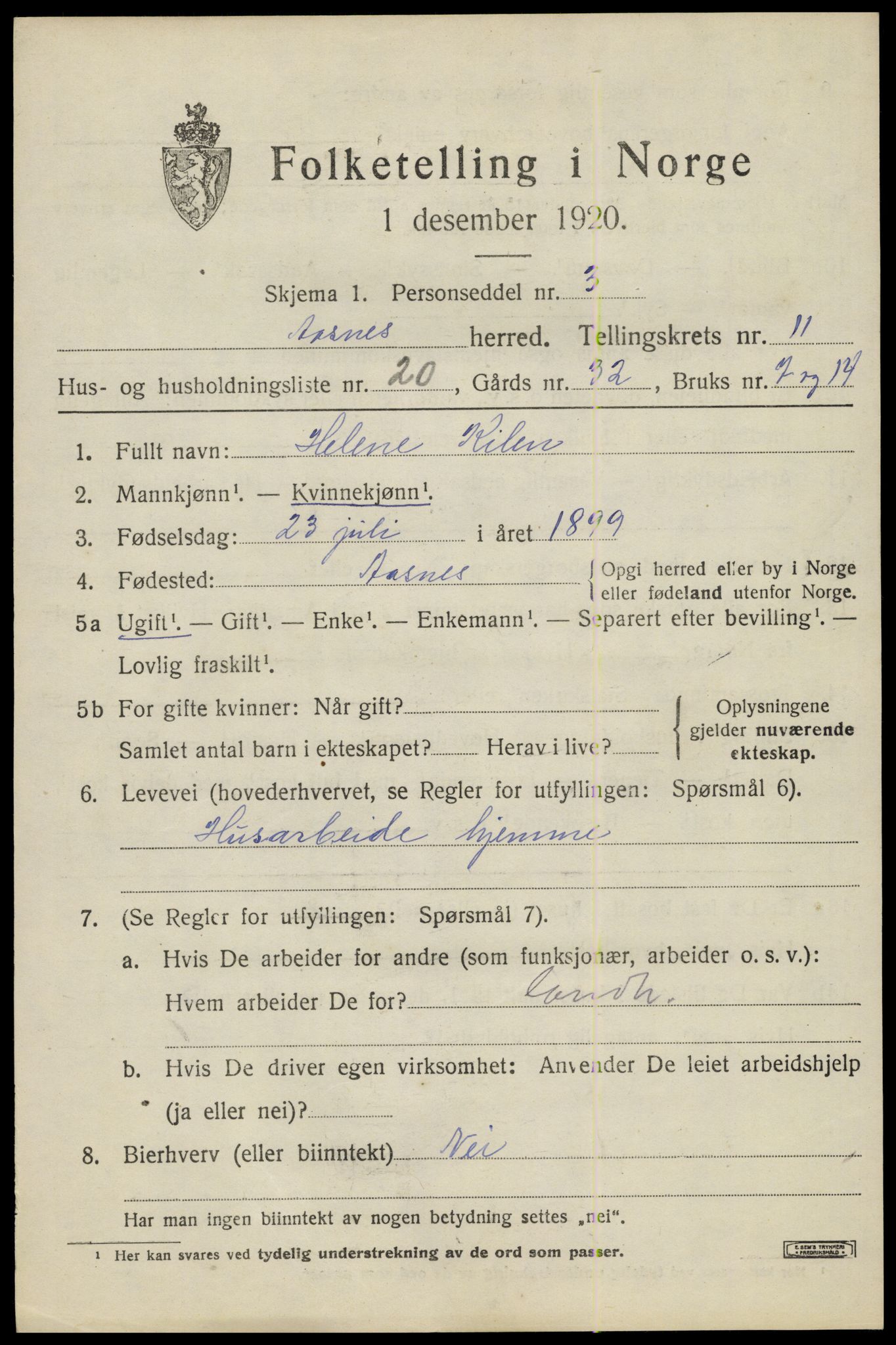 SAH, 1920 census for Åsnes, 1920, p. 11726