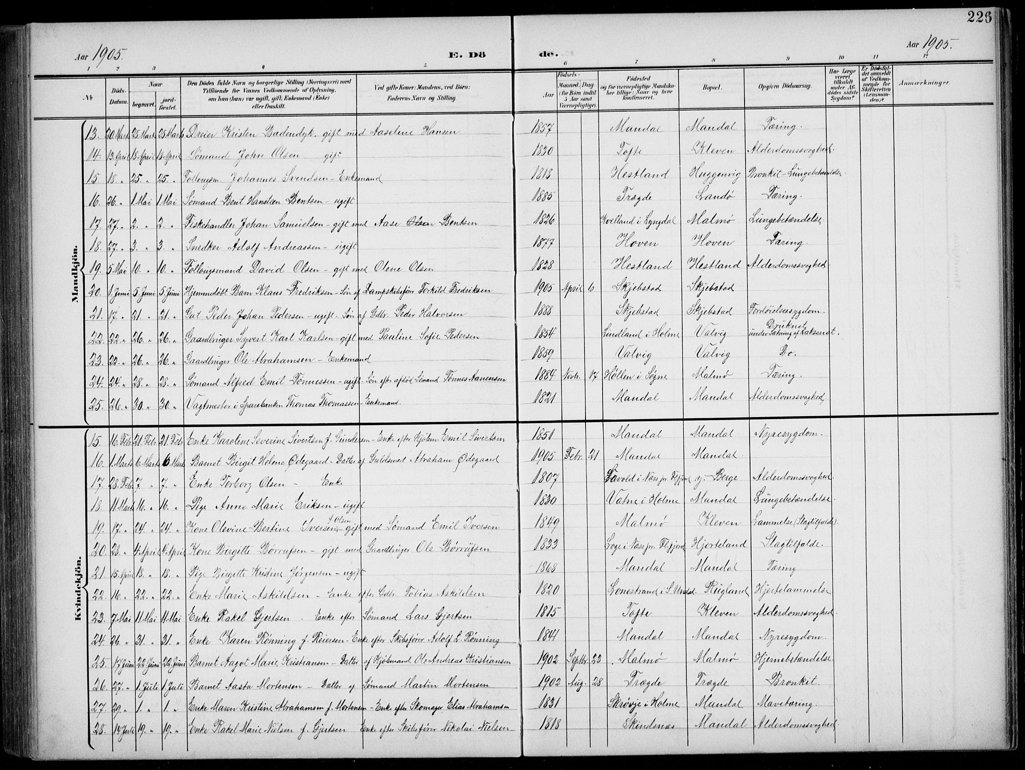 Mandal sokneprestkontor, AV/SAK-1111-0030/F/Fb/Fba/L0012: Parish register (copy) no. B 6, 1899-1918, p. 226