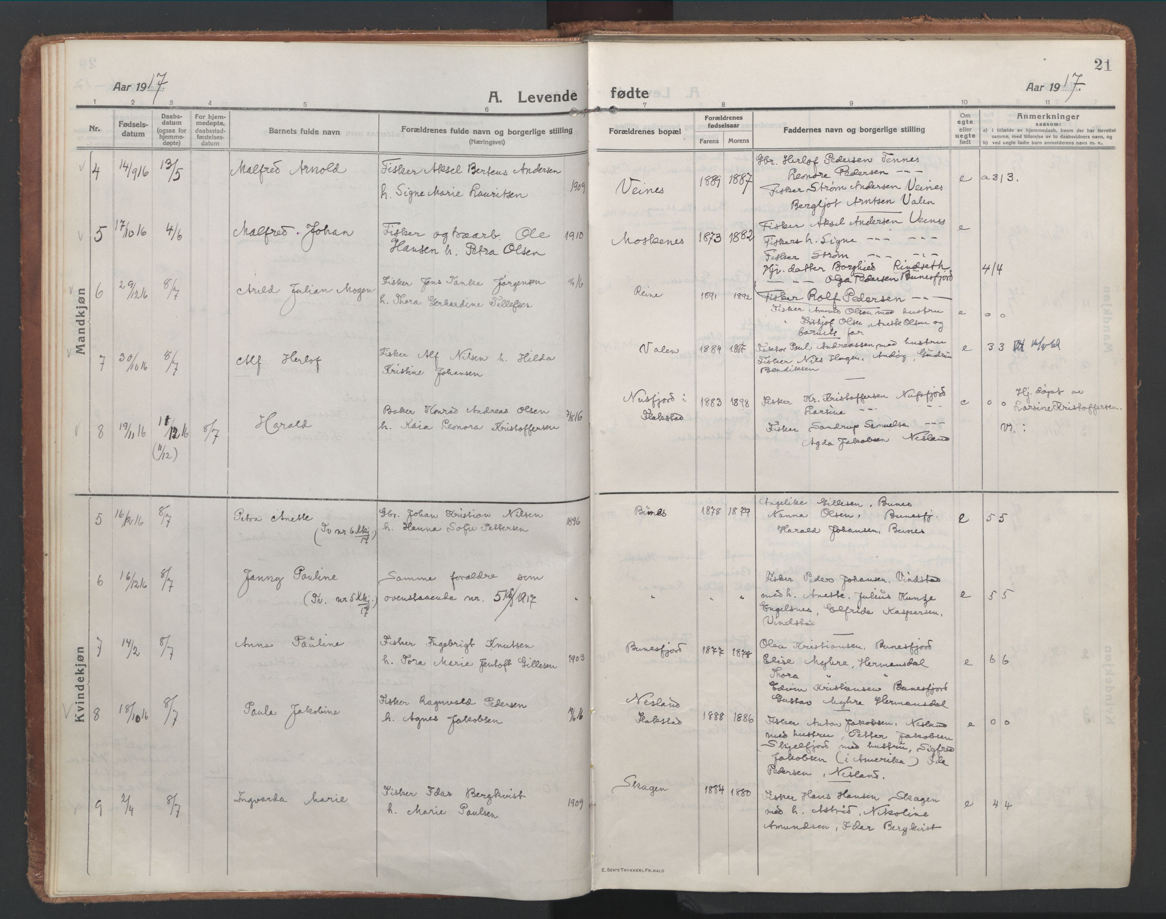 Ministerialprotokoller, klokkerbøker og fødselsregistre - Nordland, AV/SAT-A-1459/886/L1222: Parish register (official) no. 886A04, 1914-1926, p. 21