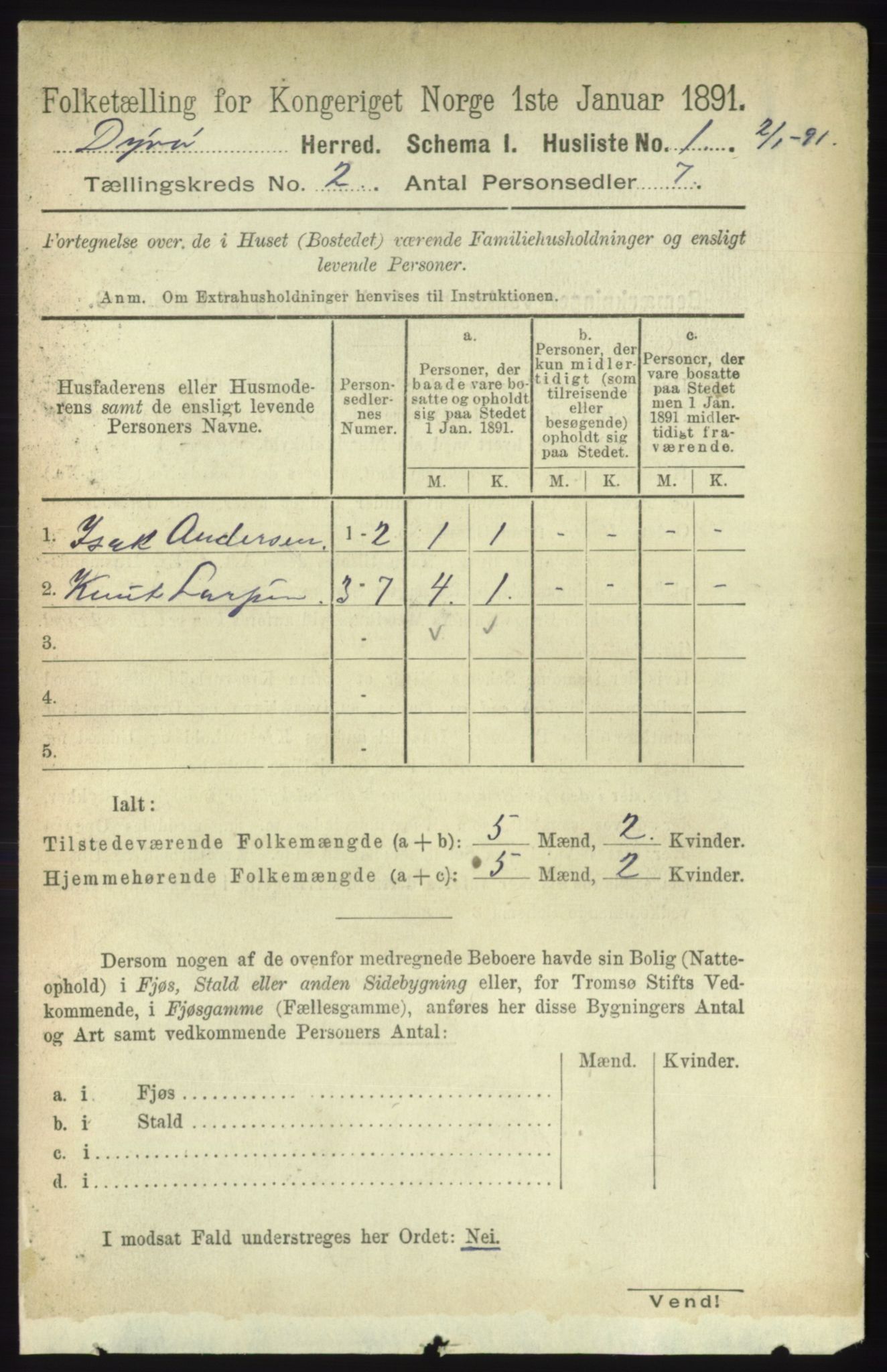 RA, 1891 census for 1926 Dyrøy, 1891, p. 453