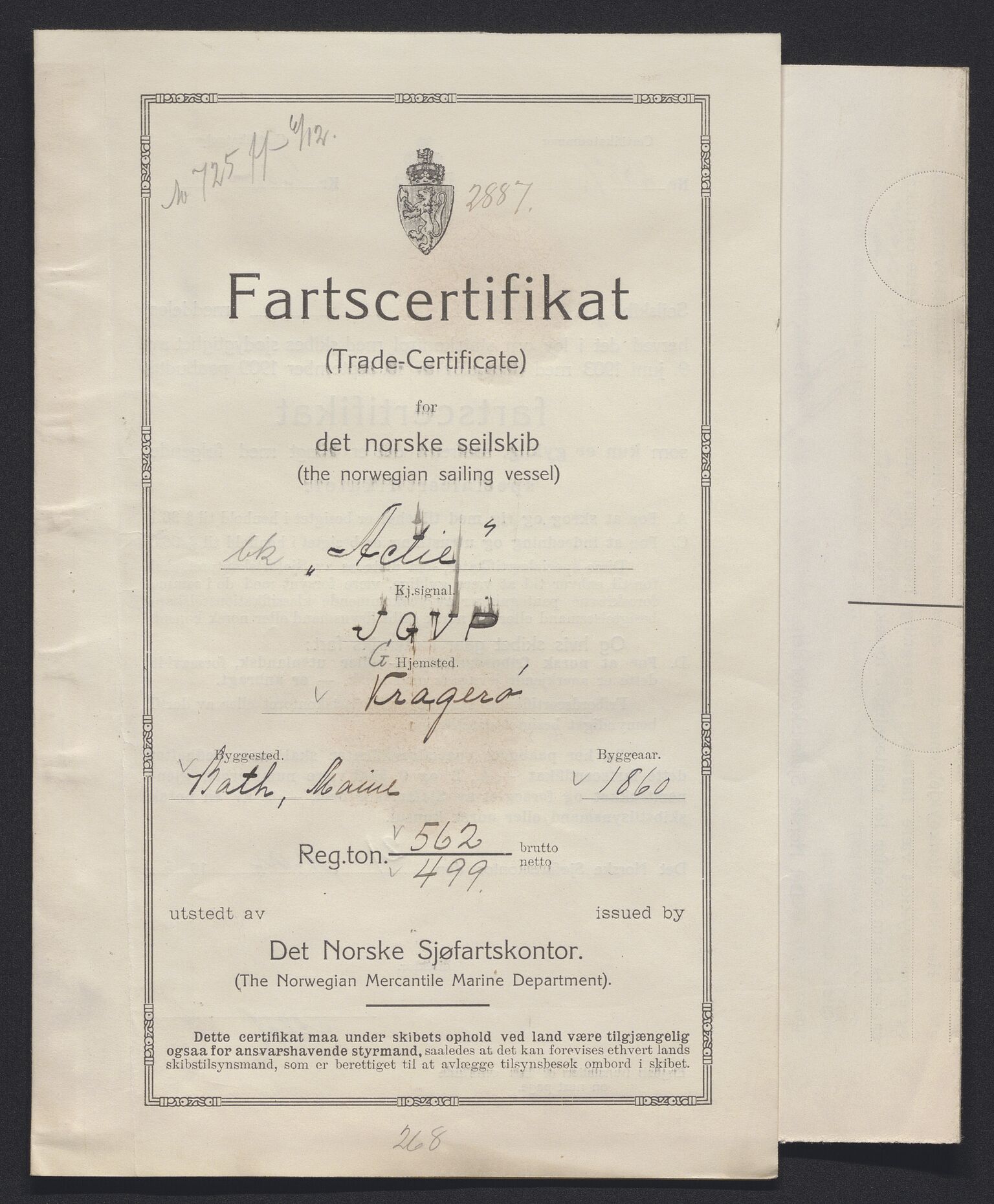 Sjøfartsdirektoratet med forløpere, skipsmapper slettede skip, RA/S-4998/F/Fa/L0001: --, 1860-1922, p. 518