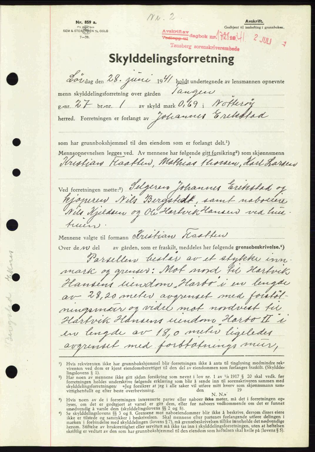 Tønsberg sorenskriveri, AV/SAKO-A-130/G/Ga/Gaa/L0010: Mortgage book no. A10, 1941-1941, Diary no: : 1728/1941