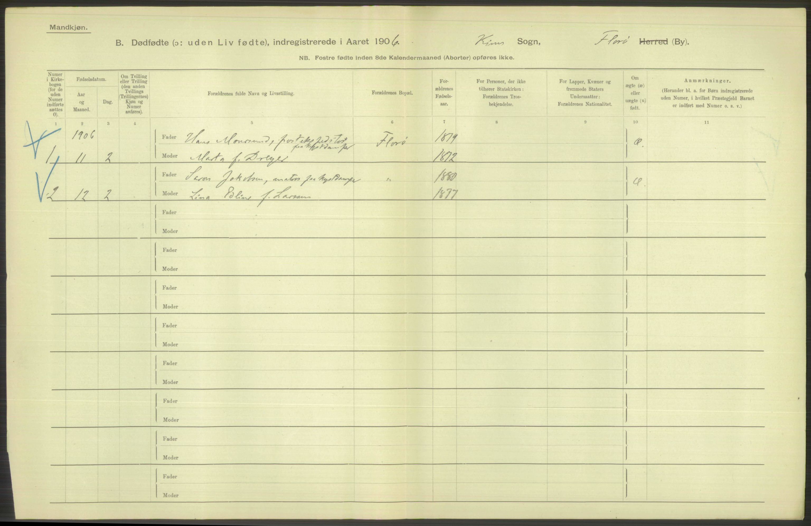 Statistisk sentralbyrå, Sosiodemografiske emner, Befolkning, AV/RA-S-2228/D/Df/Dfa/Dfad/L0035: Florø by: Levendefødte menn og kvinner, gifte, døde, dødfødte., 1906, p. 14