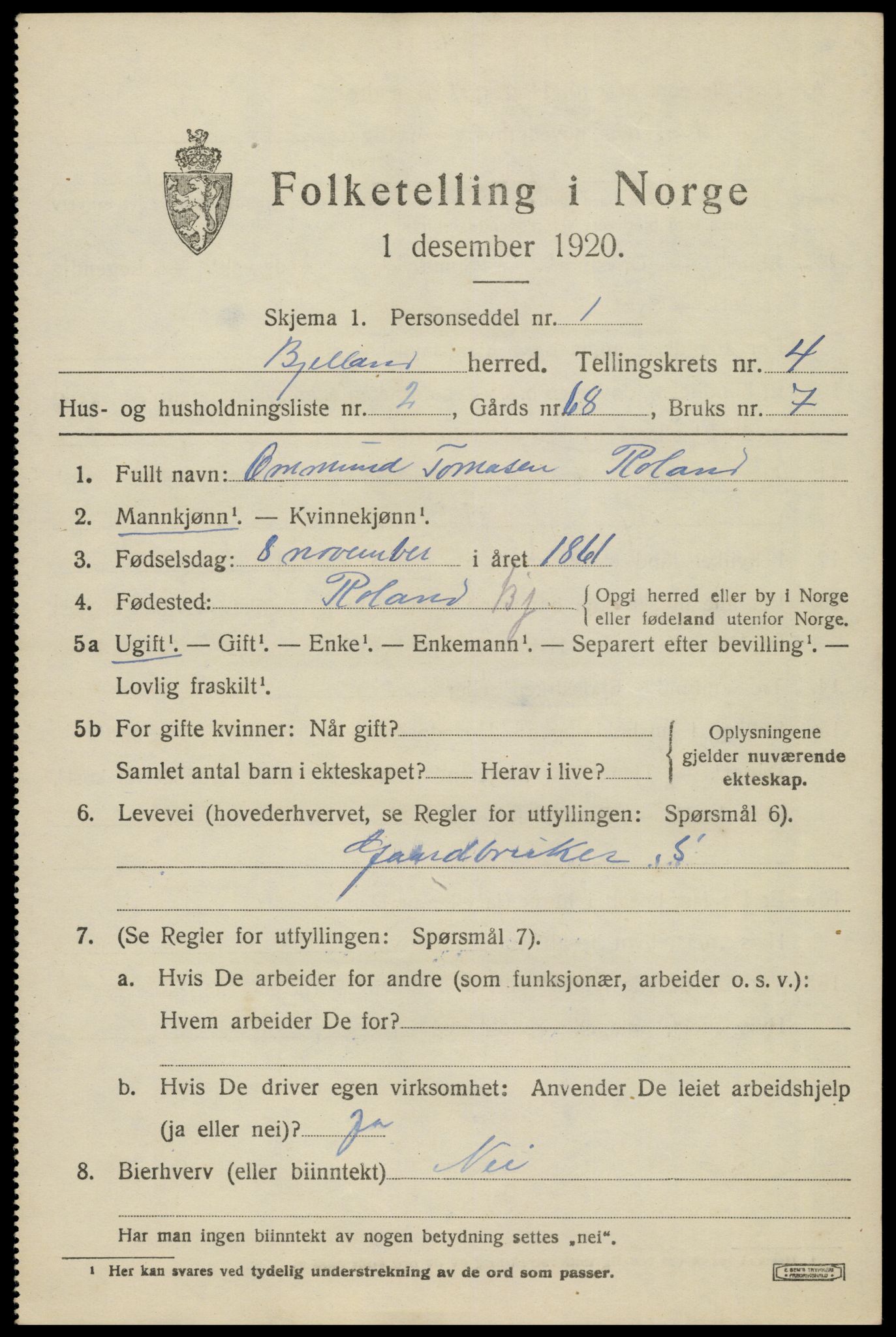 SAK, 1920 census for Bjelland, 1920, p. 1205