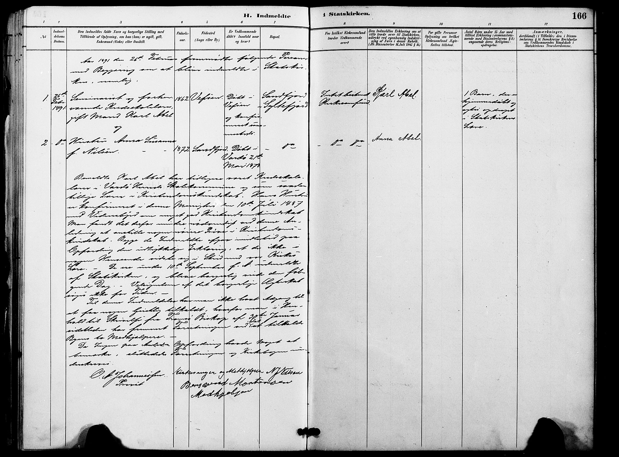 Vardø sokneprestkontor, SATØ/S-1332/H/Ha/L0009kirke: Parish register (official) no. 9, 1887-1898, p. 166