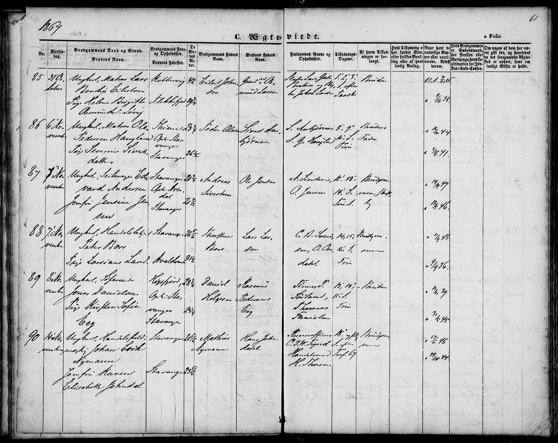 St. Petri sokneprestkontor, AV/SAST-A-101813/001/30/30BA/L0002: Parish register (official) no. A 2, 1861-1869, p. 61