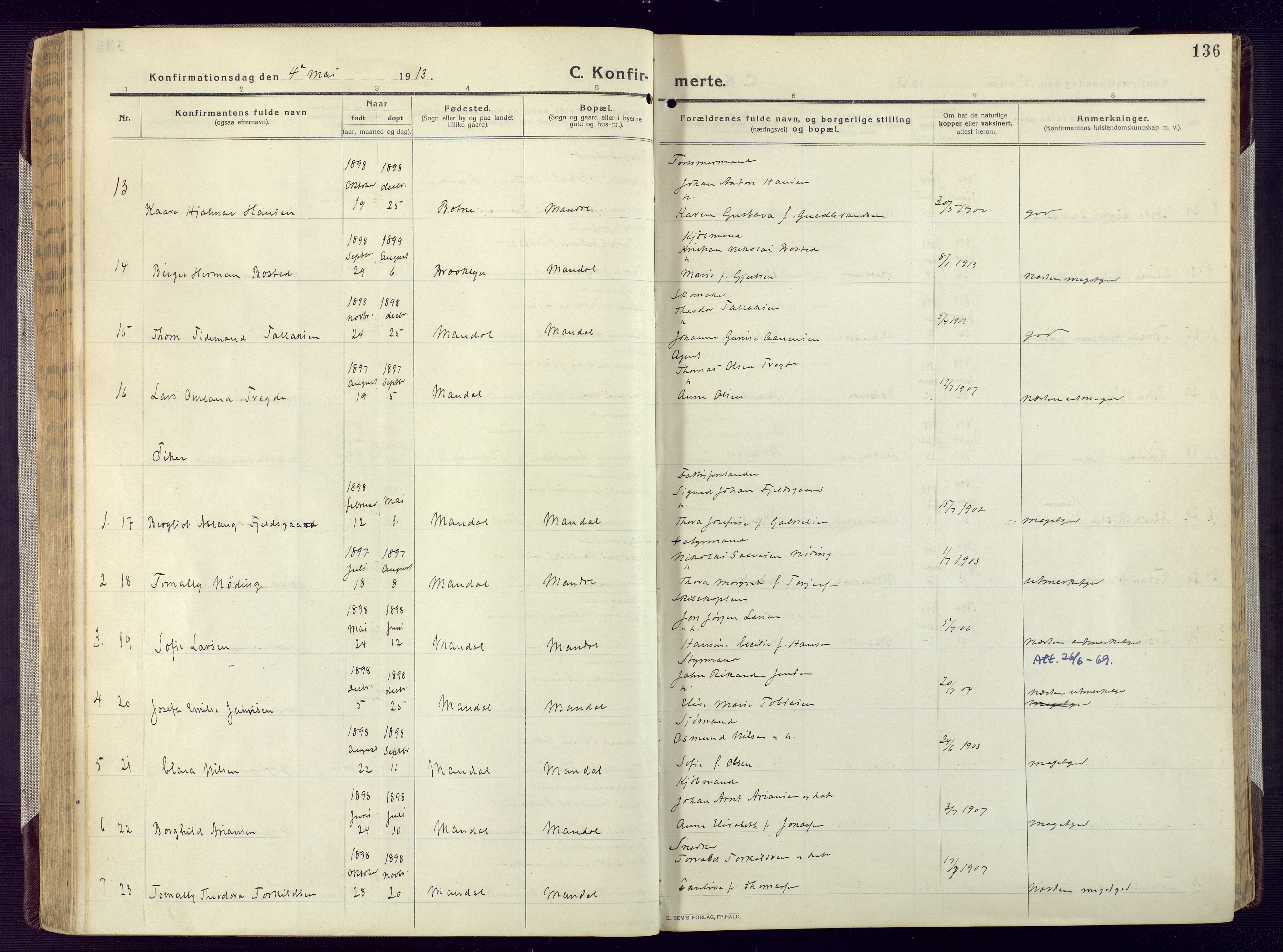 Mandal sokneprestkontor, AV/SAK-1111-0030/F/Fa/Fac/L0001: Parish register (official) no. A 1, 1913-1925, p. 136