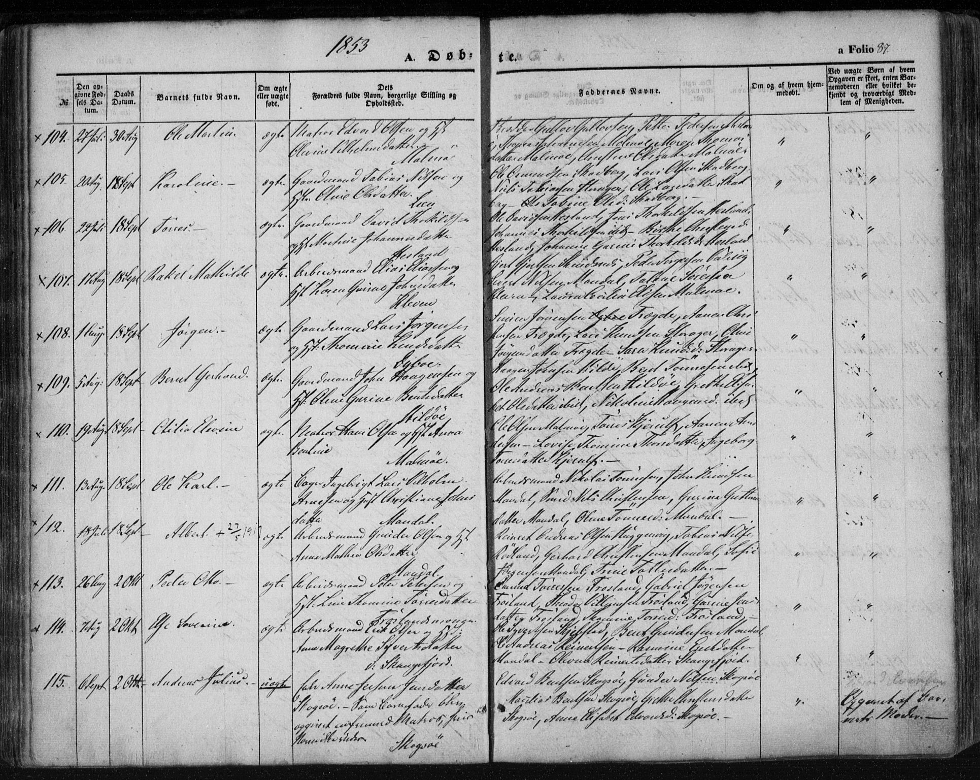 Mandal sokneprestkontor, SAK/1111-0030/F/Fa/Faa/L0013: Parish register (official) no. A 13, 1847-1859, p. 87