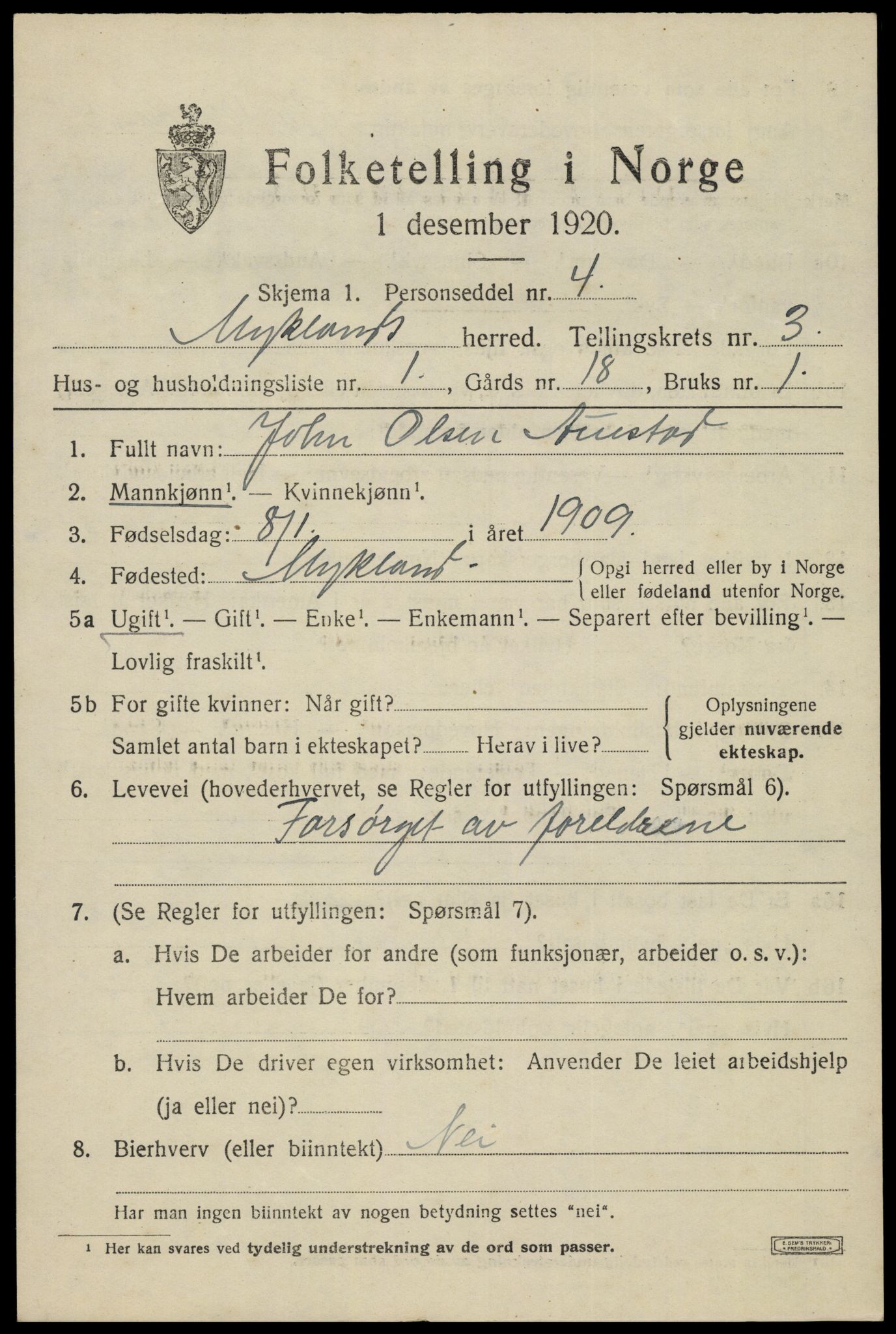 SAK, 1920 census for Mykland, 1920, p. 1128