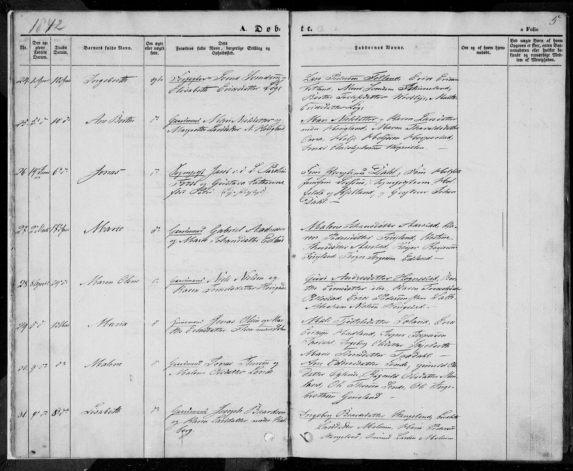 Lye sokneprestkontor, SAST/A-101794/001/30BA/L0005: Parish register (official) no. A 5.1, 1842-1855, p. 5