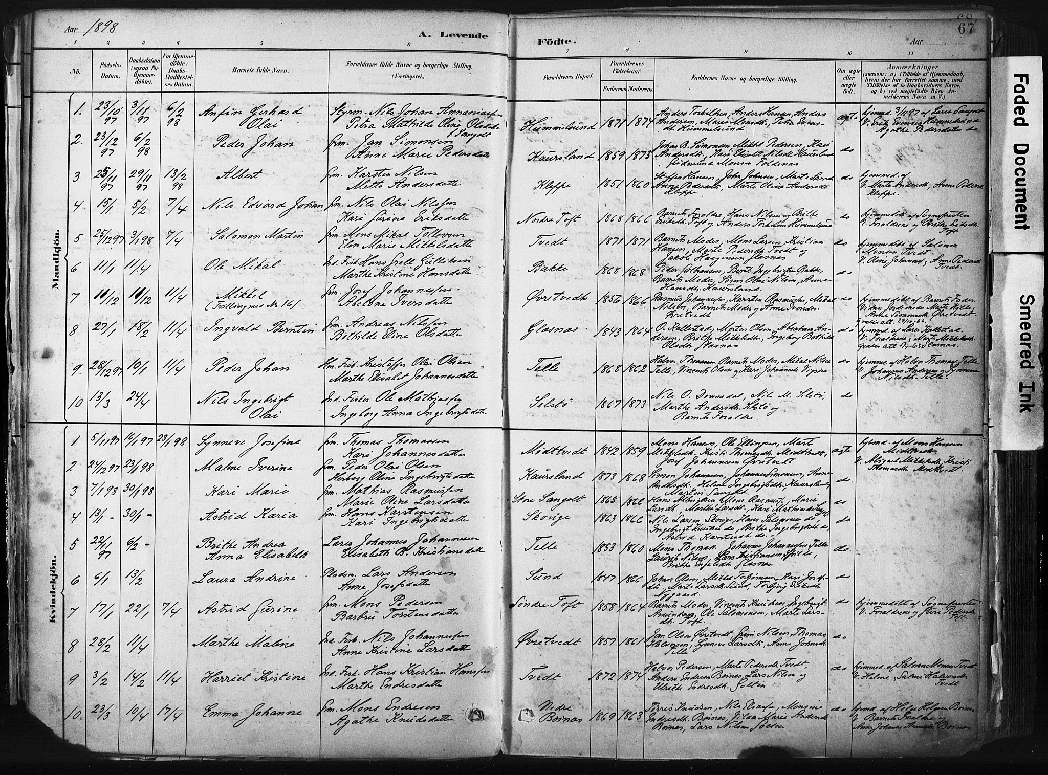 Sund sokneprestembete, SAB/A-99930: Parish register (official) no. B 1, 1882-1907, p. 67