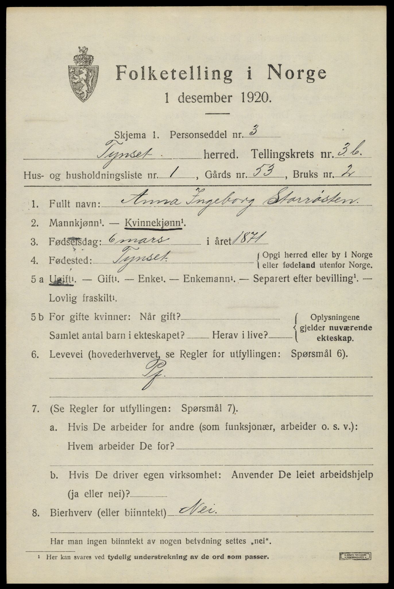 SAH, 1920 census for Tynset, 1920, p. 3142