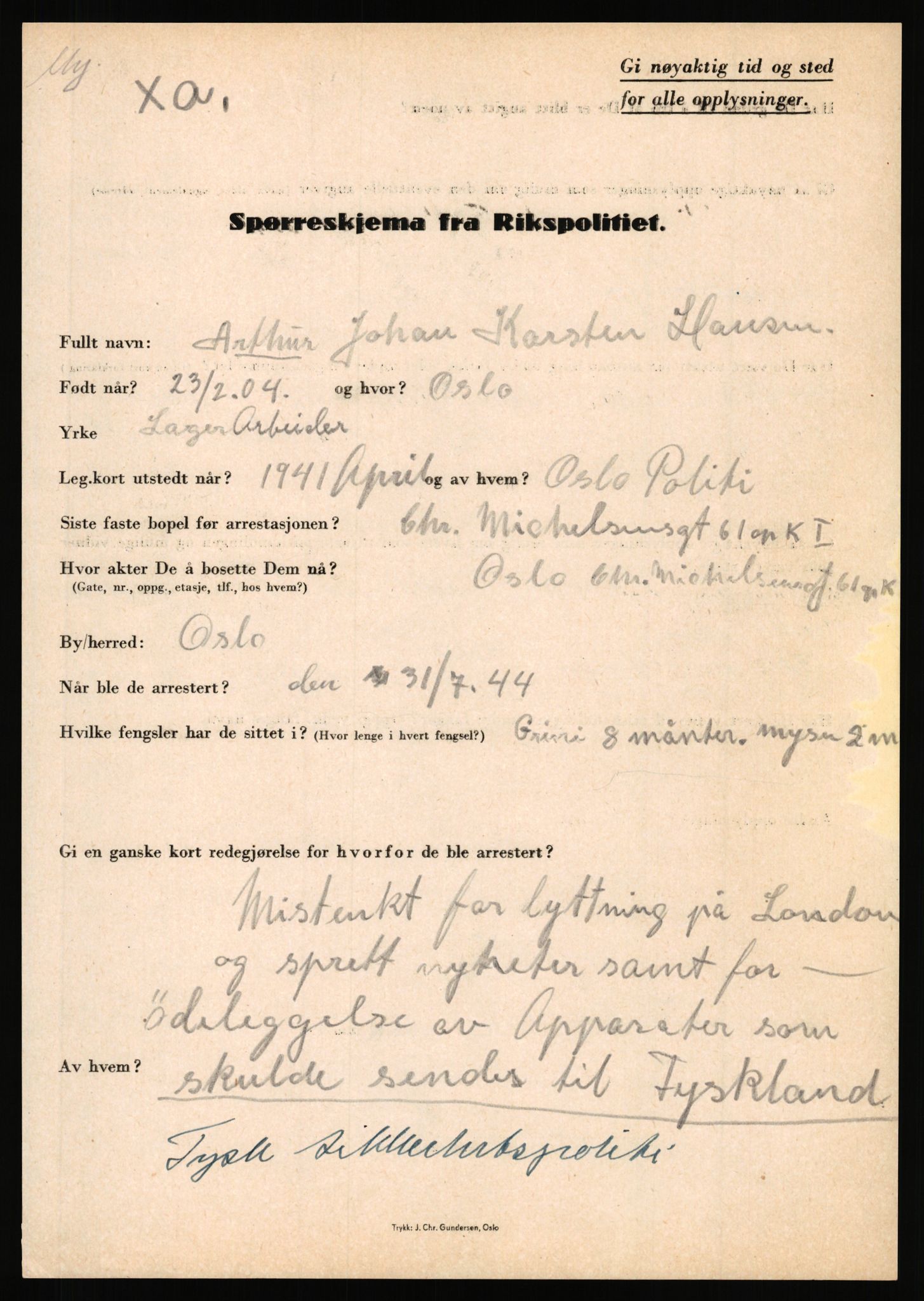 Rikspolitisjefen, AV/RA-S-1560/L/L0006: Hansen, Adolf Boye - Hemstad, Gunnar, 1940-1945, p. 49