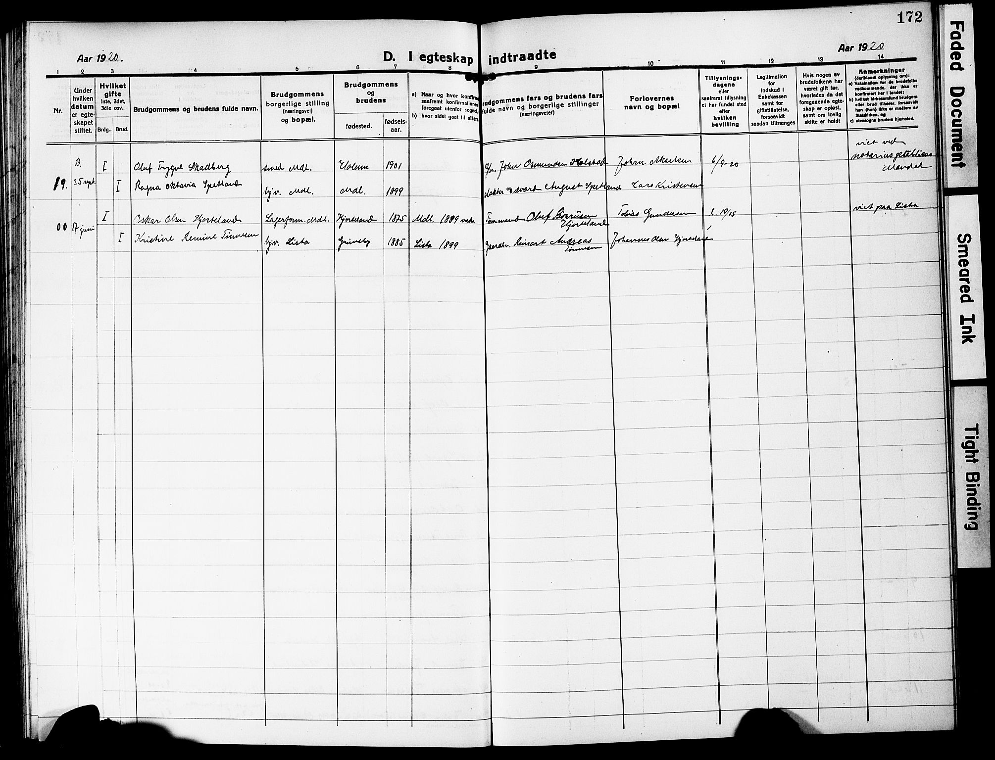 Mandal sokneprestkontor, AV/SAK-1111-0030/F/Fb/Fbc/L0001: Parish register (copy) no. B 1, 1918-1931, p. 172