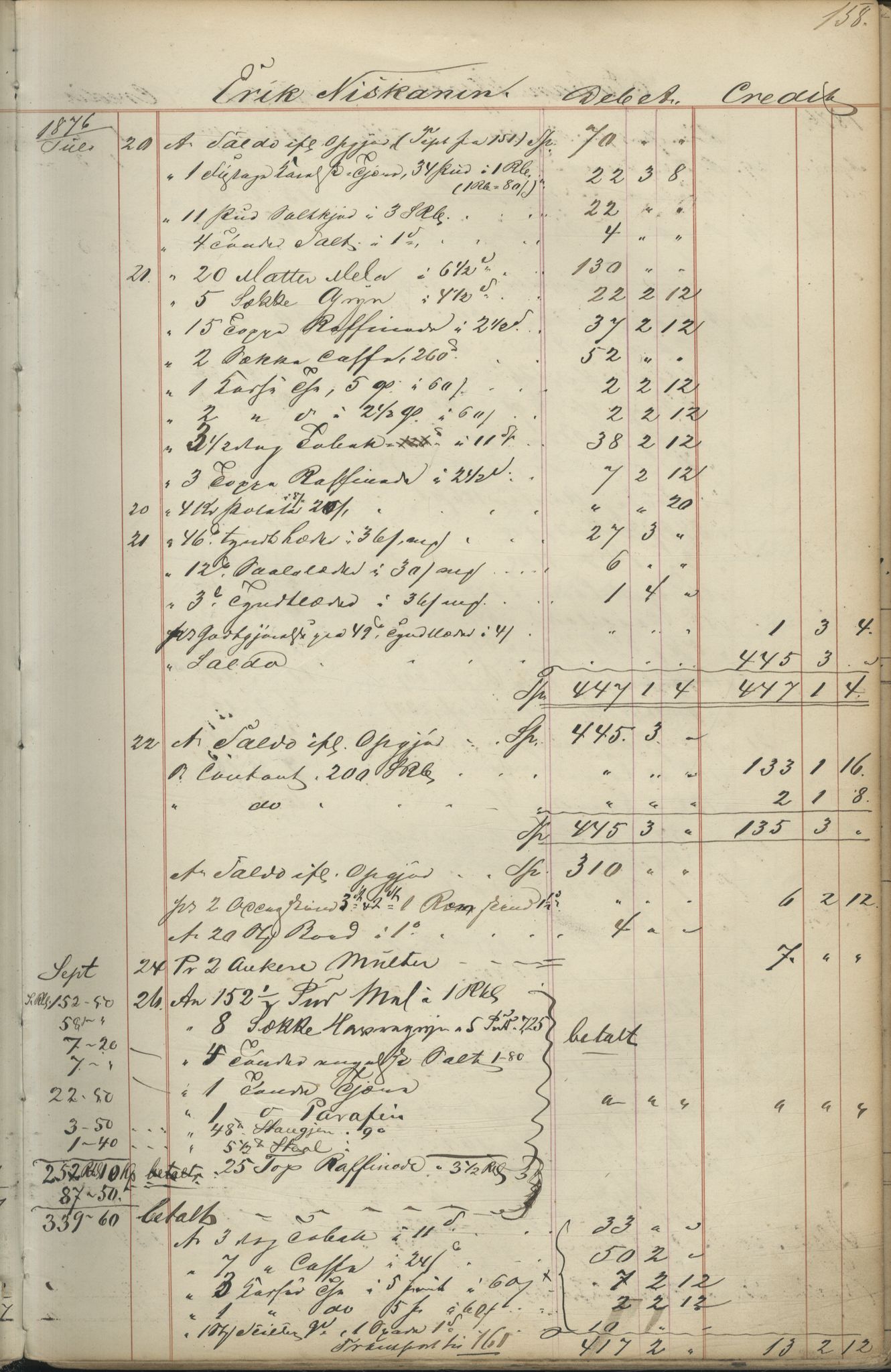 Brodtkorb handel A/S, VAMU/A-0001/F/Fc/L0001/0001: Konto for kvener og nordmenn på Kolahalvøya  / Conto for Kvæner og Nordmænd paa Russefinmarken No 1, 1868-1894, p. 158