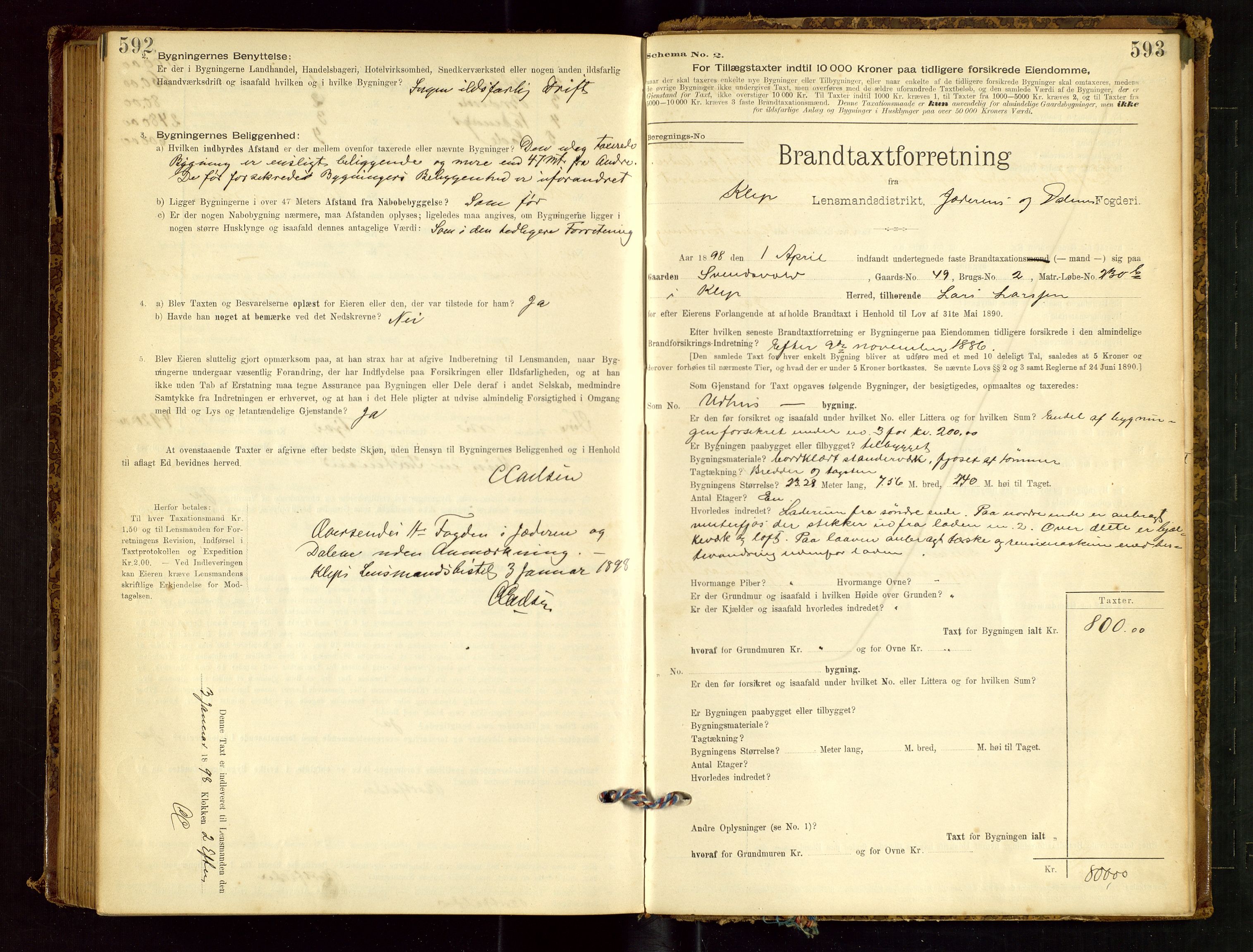 Klepp lensmannskontor, SAST/A-100163/Goc/L0001: "Brandtaxationsprotokol" m/register, 1895-1898, p. 592-593
