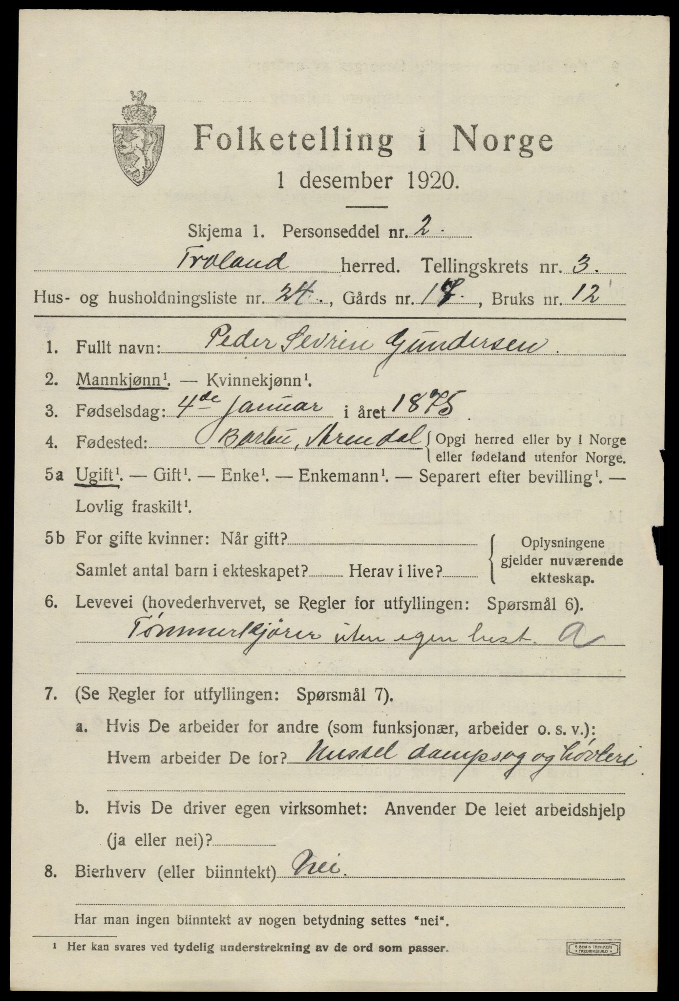 SAK, 1920 census for Froland, 1920, p. 2865