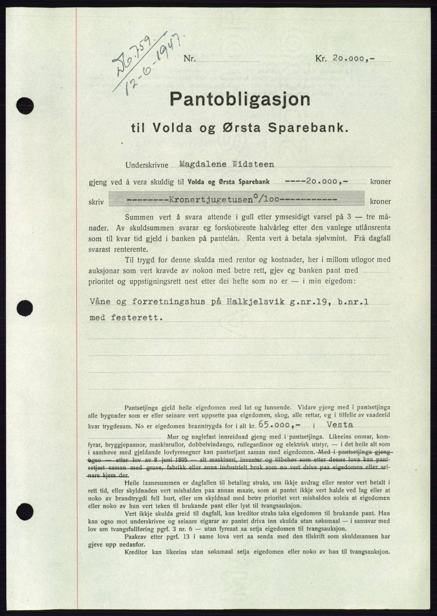 Søre Sunnmøre sorenskriveri, AV/SAT-A-4122/1/2/2C/L0115: Mortgage book no. 3B, 1947-1948, Diary no: : 759/1947
