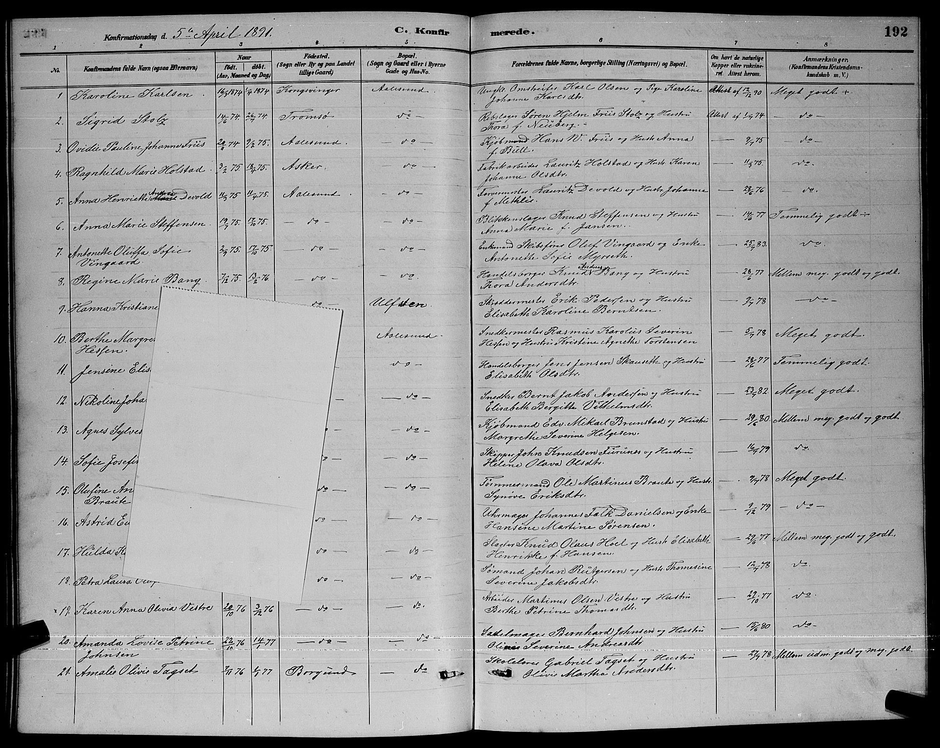 Ministerialprotokoller, klokkerbøker og fødselsregistre - Møre og Romsdal, AV/SAT-A-1454/529/L0467: Parish register (copy) no. 529C04, 1889-1897, p. 192