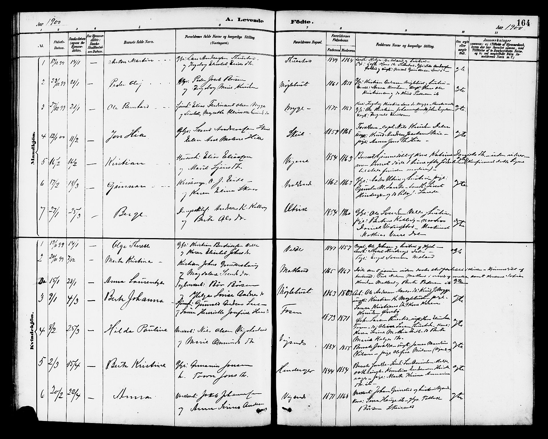 Avaldsnes sokneprestkontor, SAST/A -101851/H/Ha/Hab/L0007: Parish register (copy) no. B 7, 1885-1909, p. 164