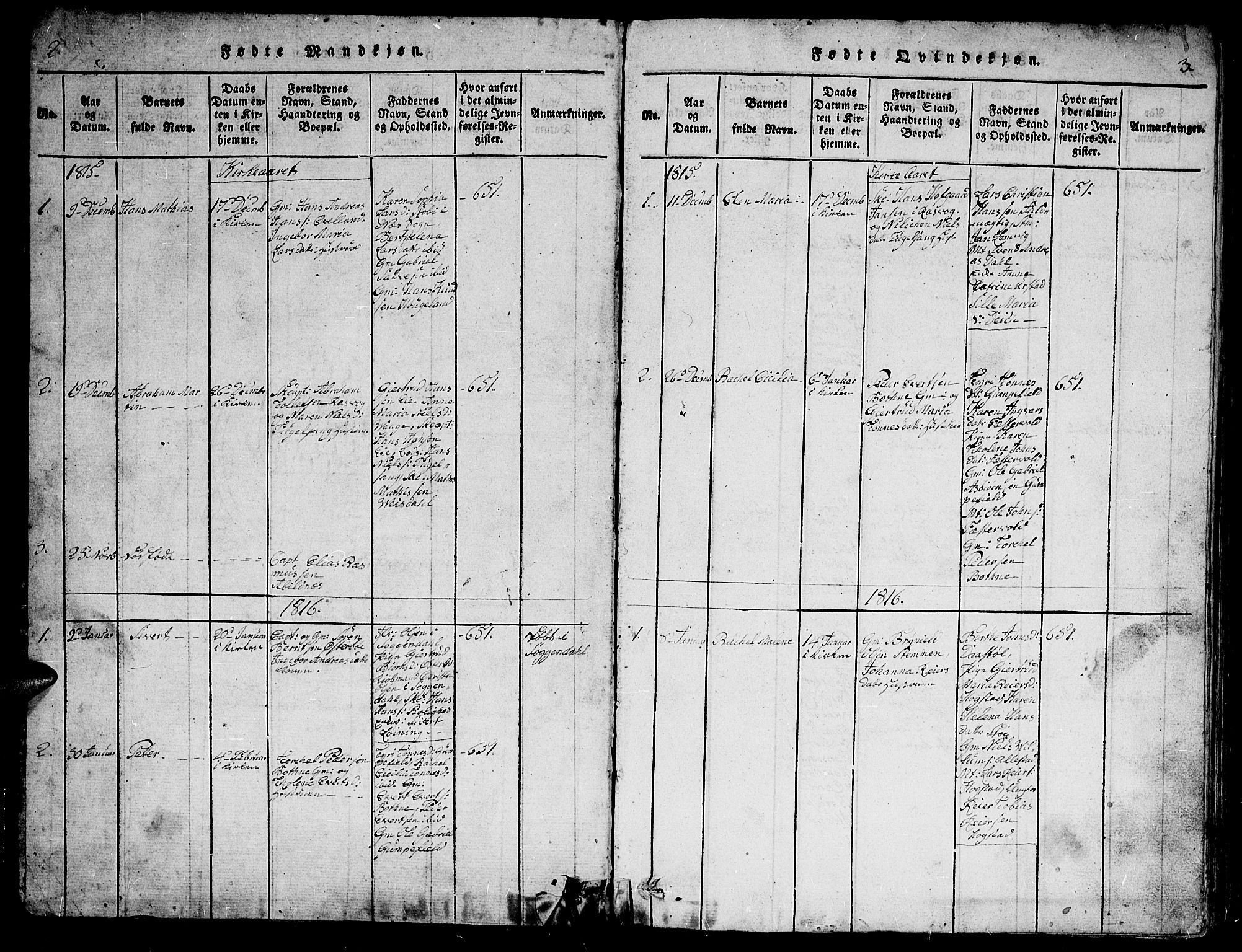 Flekkefjord sokneprestkontor, AV/SAK-1111-0012/F/Fb/Fbb/L0001: Parish register (copy) no. B 1, 1815-1830, p. 2-3