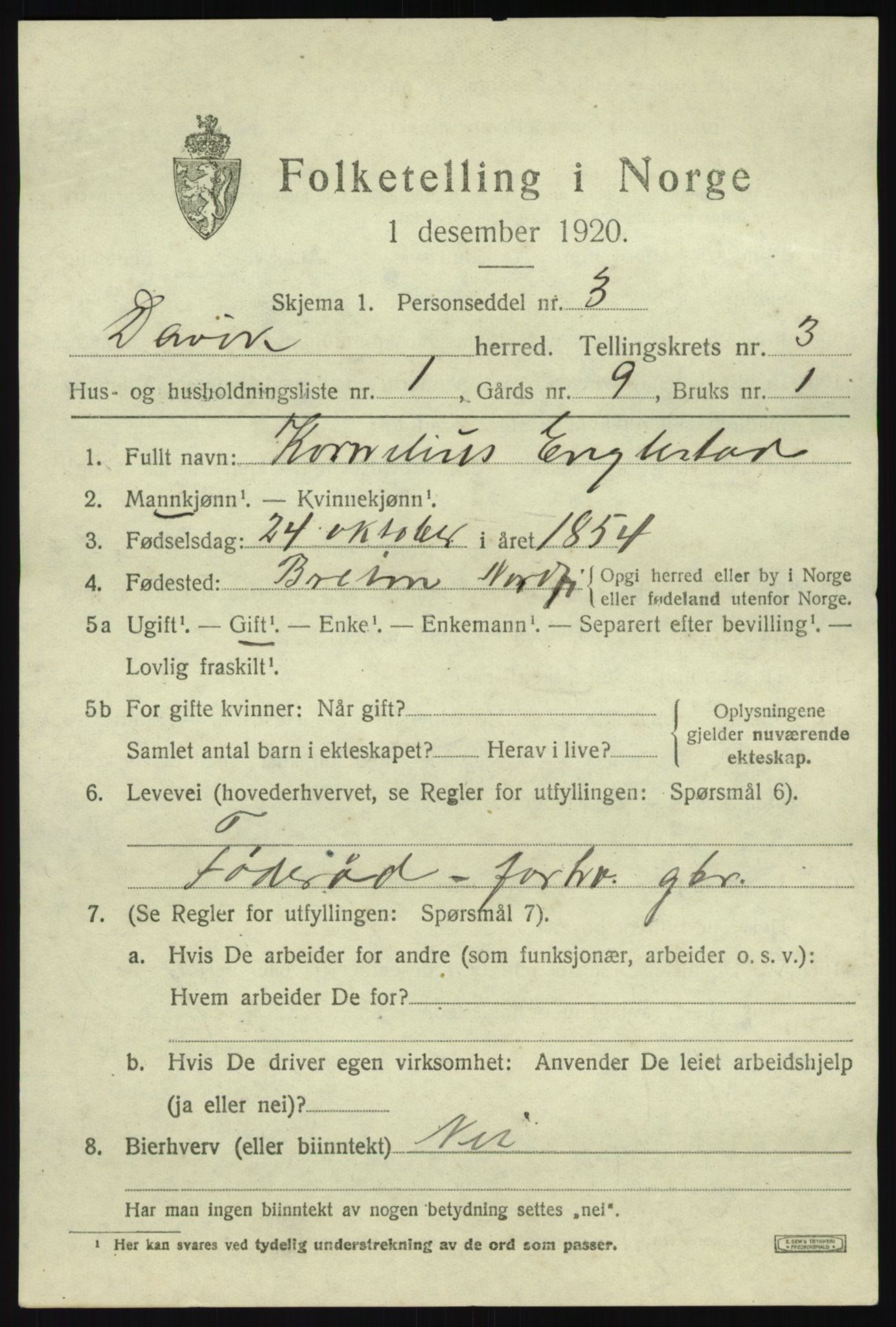 SAB, 1920 census for Davik, 1920, p. 1805