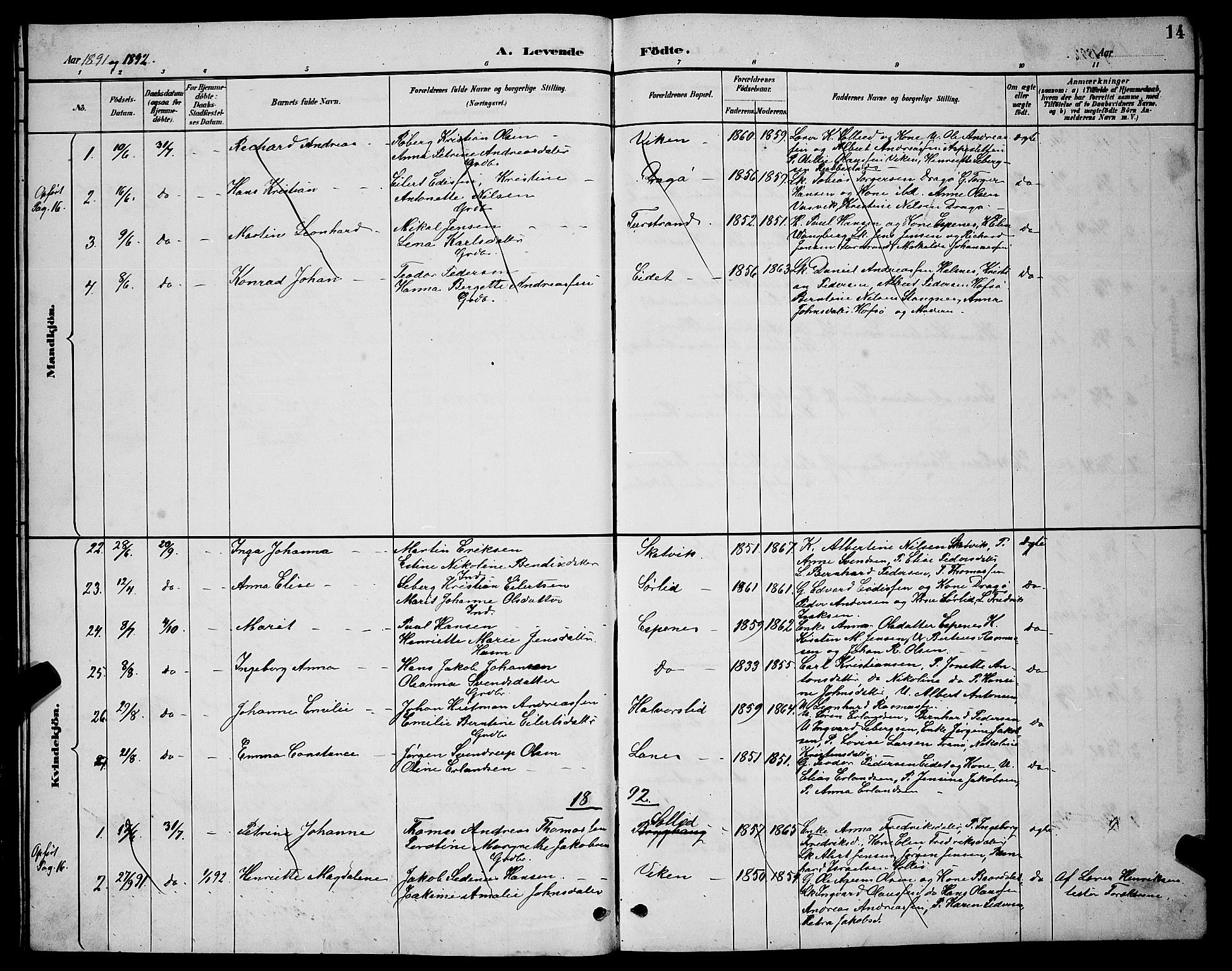 Tranøy sokneprestkontor, SATØ/S-1313/I/Ia/Iab/L0004klokker: Parish register (copy) no. 4, 1888-1901, p. 14