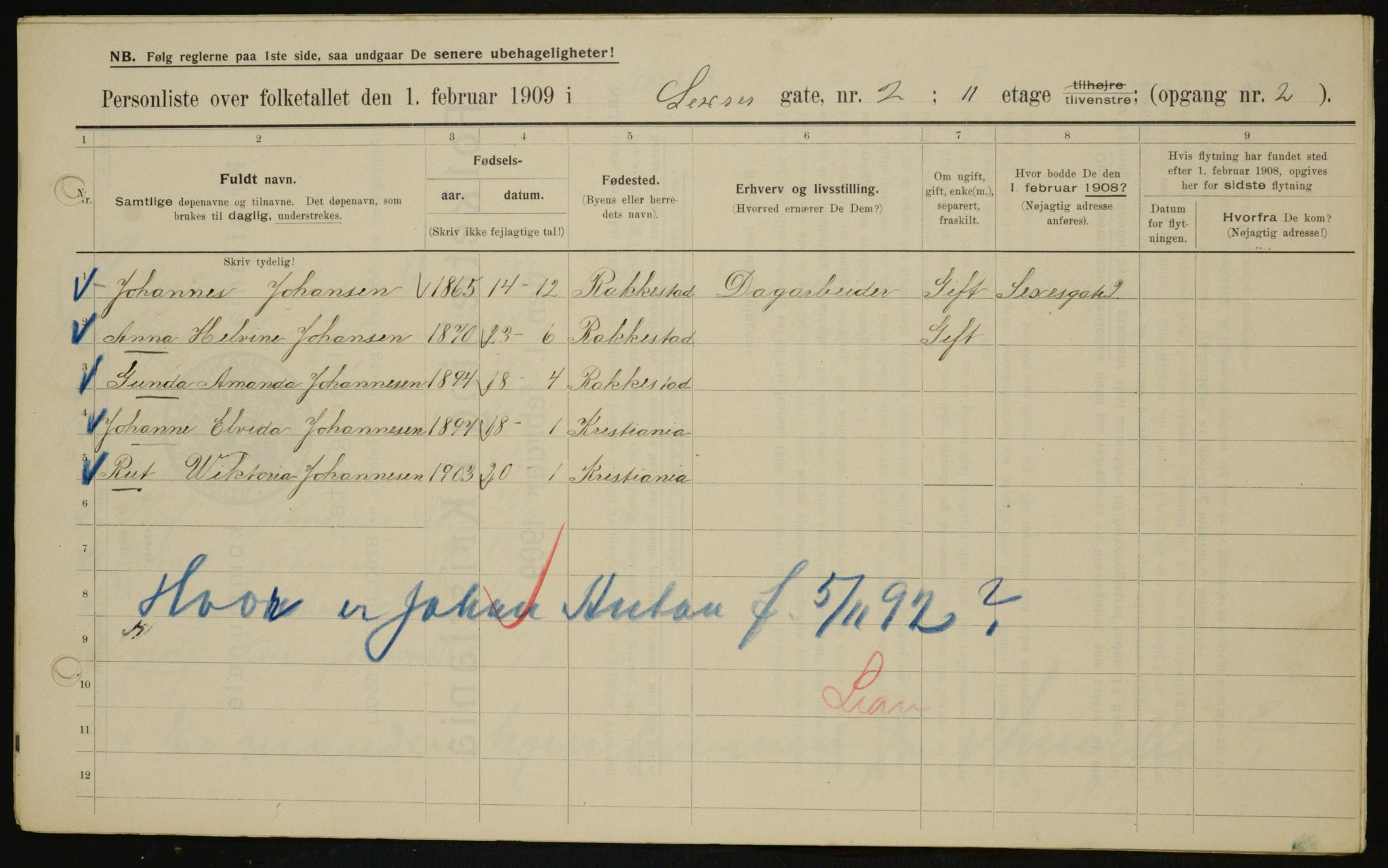 OBA, Municipal Census 1909 for Kristiania, 1909, p. 85892
