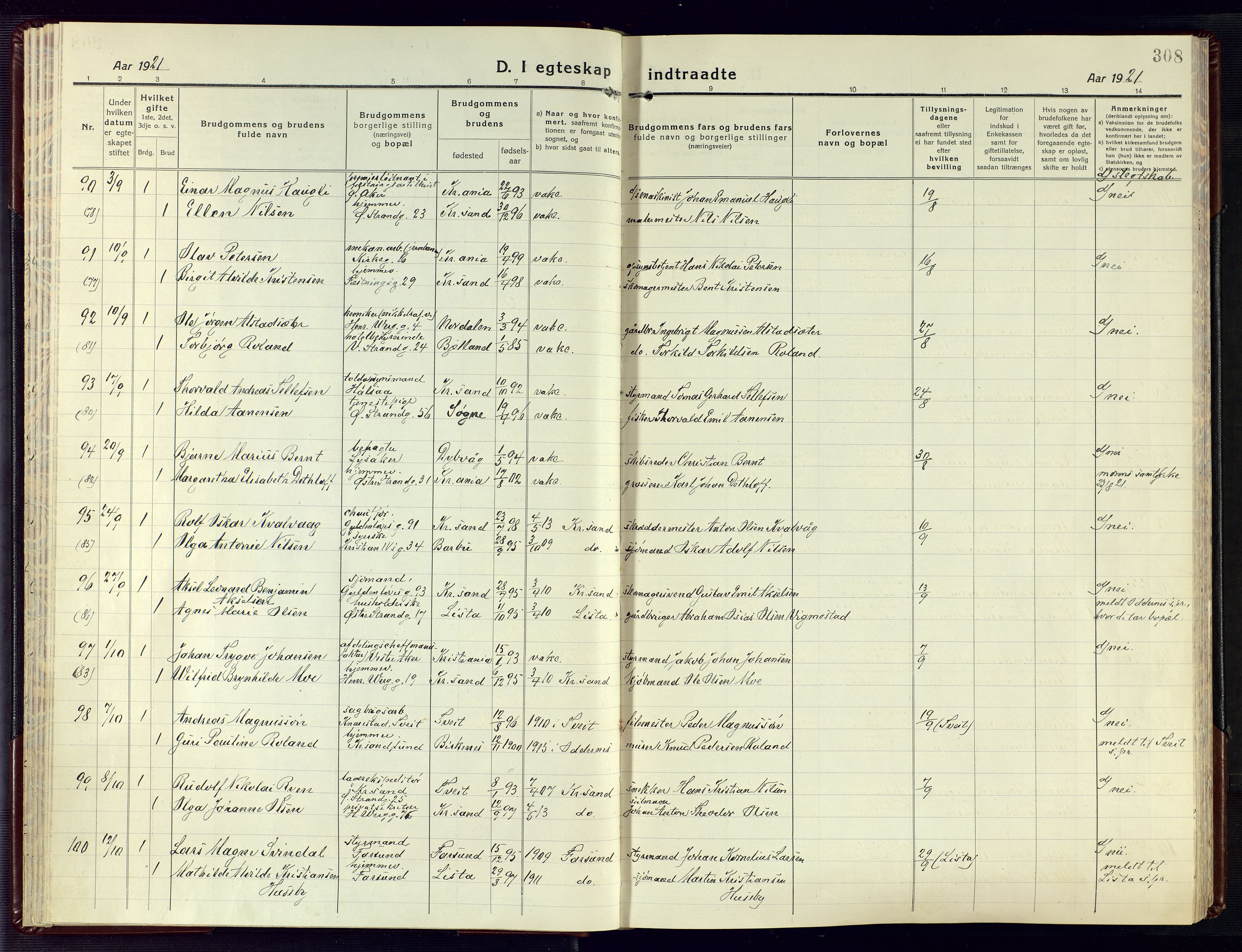 Kristiansand domprosti, AV/SAK-1112-0006/F/Fa/L0028: Parish register (official) no. A 27, 1917-1926, p. 308