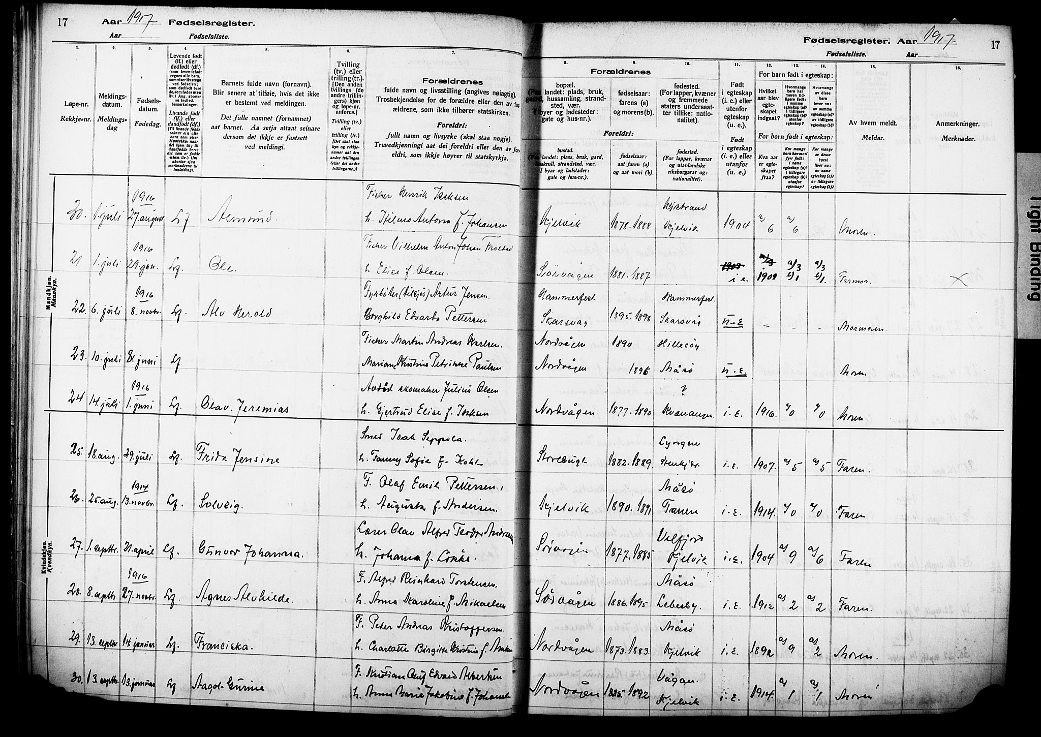 Kjelvik/Nordkapp sokneprestkontor, AV/SATØ-S-1350/I/Ia/L0015: Birth register no. 15, 1916-1930, p. 17