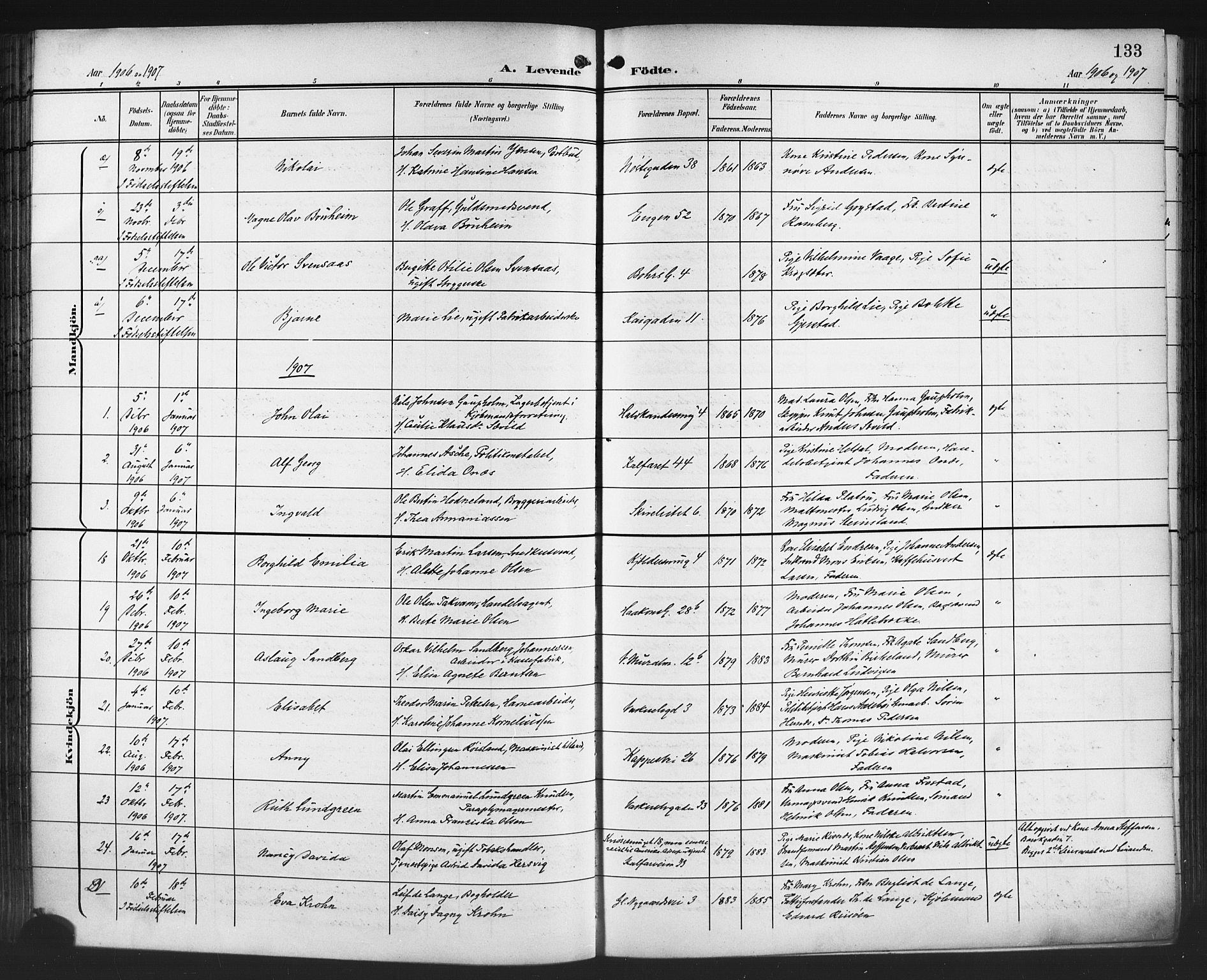 Domkirken sokneprestembete, AV/SAB-A-74801/H/Hab/L0017: Parish register (copy) no. B 10, 1900-1915, p. 133