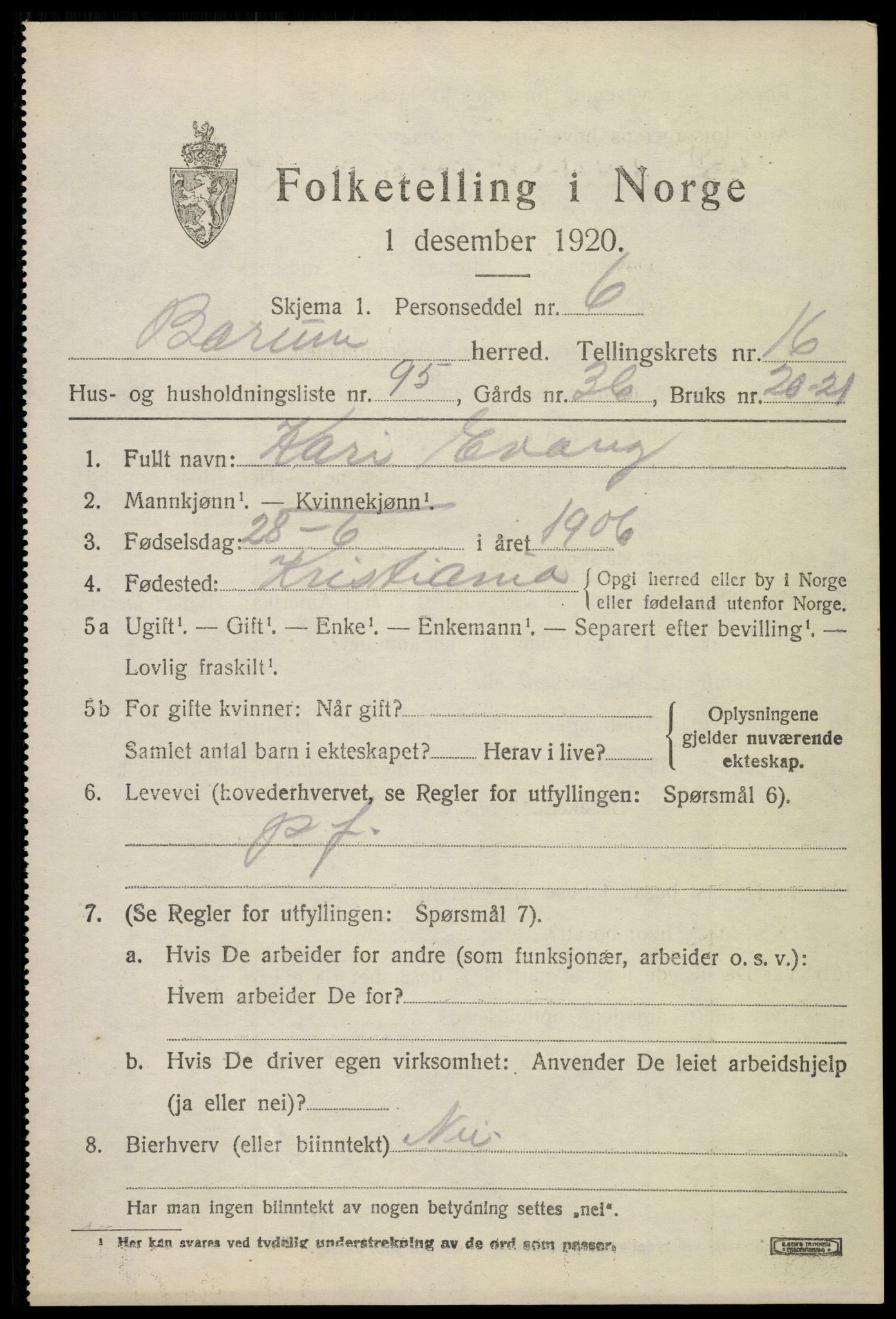 SAO, 1920 census for Bærum, 1920, p. 44596