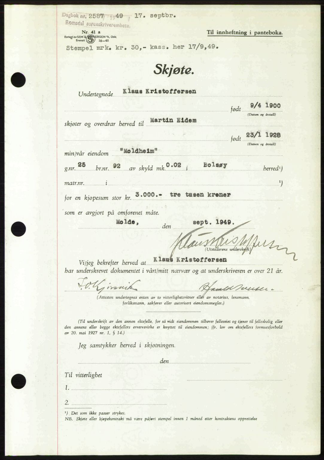 Romsdal sorenskriveri, AV/SAT-A-4149/1/2/2C: Mortgage book no. A31, 1949-1949, Diary no: : 2587/1949