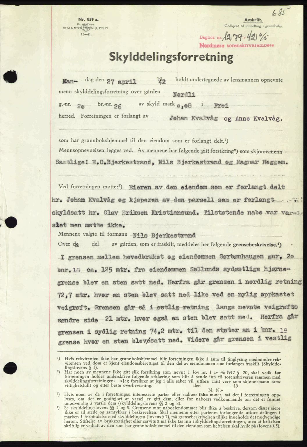 Nordmøre sorenskriveri, AV/SAT-A-4132/1/2/2Ca: Mortgage book no. A92, 1942-1942, Diary no: : 1279/1942