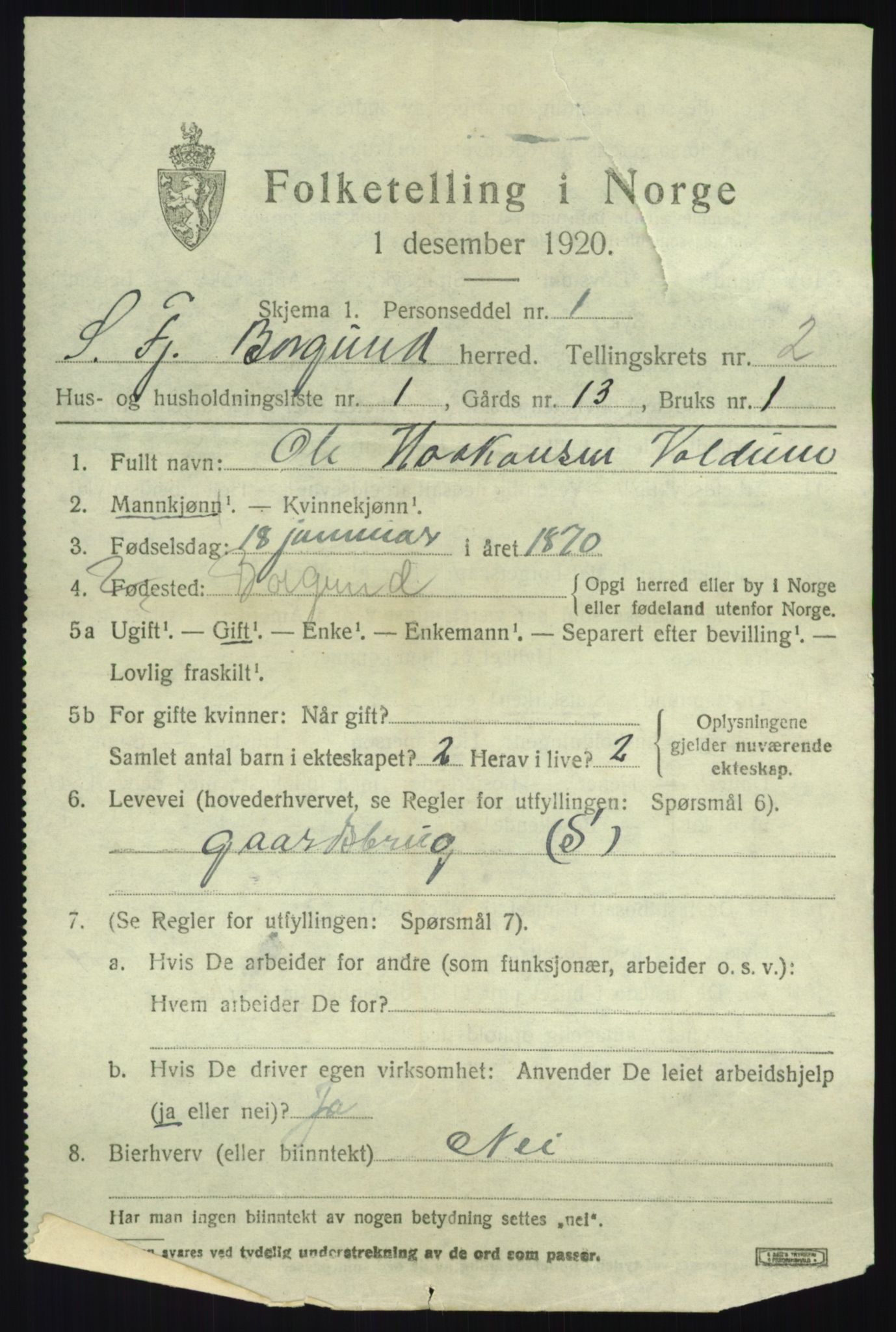 SAB, 1920 census for Borgund, 1920, p. 720