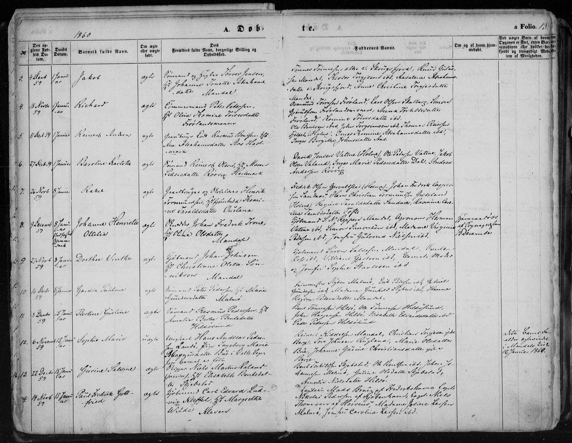 Mandal sokneprestkontor, AV/SAK-1111-0030/F/Fa/Faa/L0014: Parish register (official) no. A 14, 1859-1872, p. 13